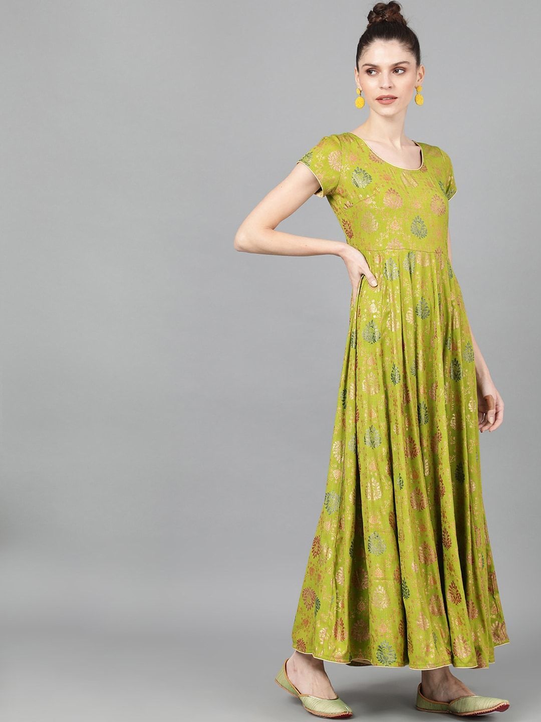 Women's  Green Printed Ethnic Maxi Dress - AKS