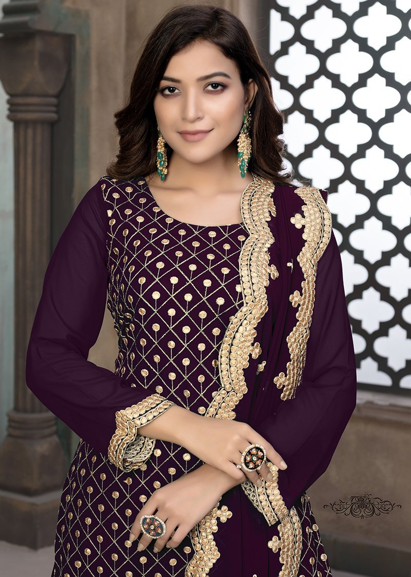 Women's Purple Faux georgette Embroidered Designer Palazzo Salwar Suit - Monjolika
