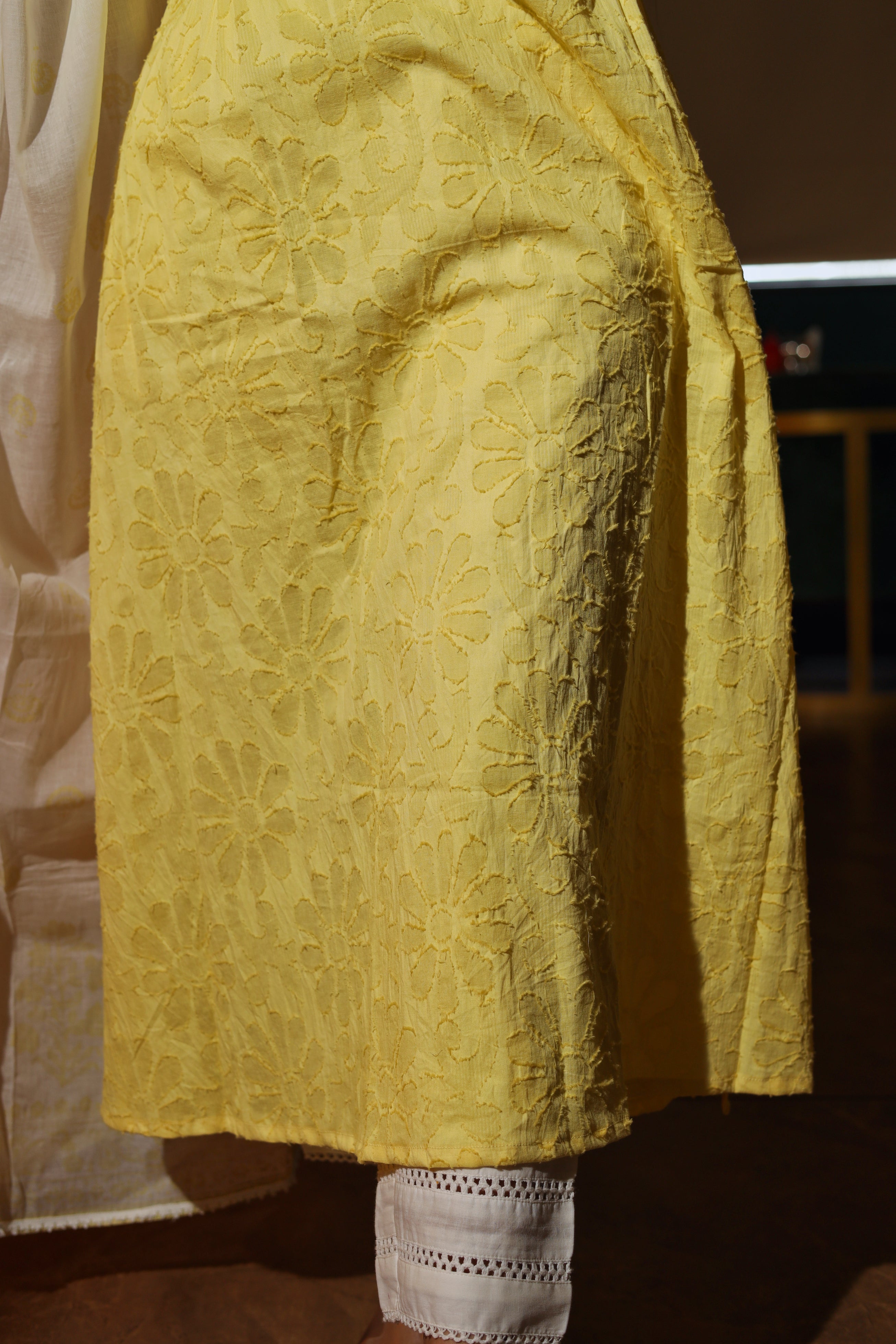 Women's Yellow Cotton Dobby Kurta With Palazzo & Dupatta Set - Hatheli