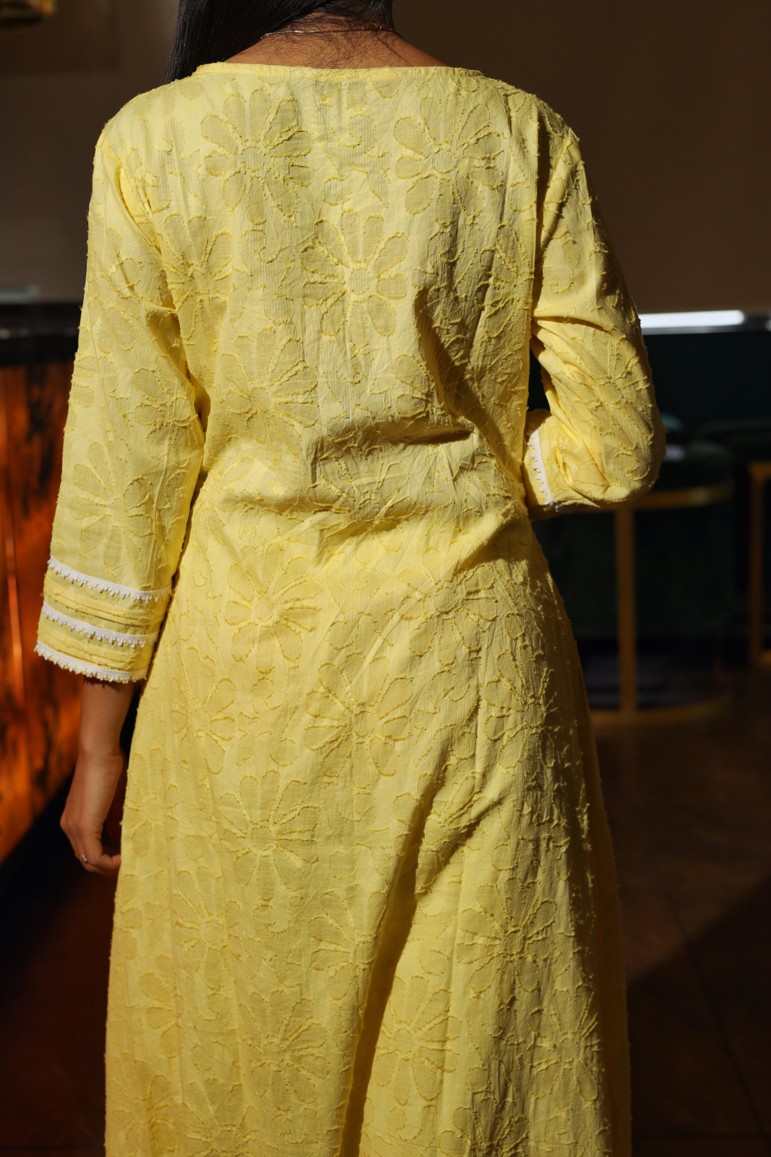 Women's Yellow Cotton Dobby Kurta With Palazzo & Dupatta Set - Hatheli