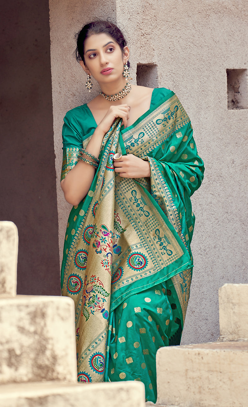 Women's Teal Color Banarasi Silk Traditional Saree - Monjolika Fashion