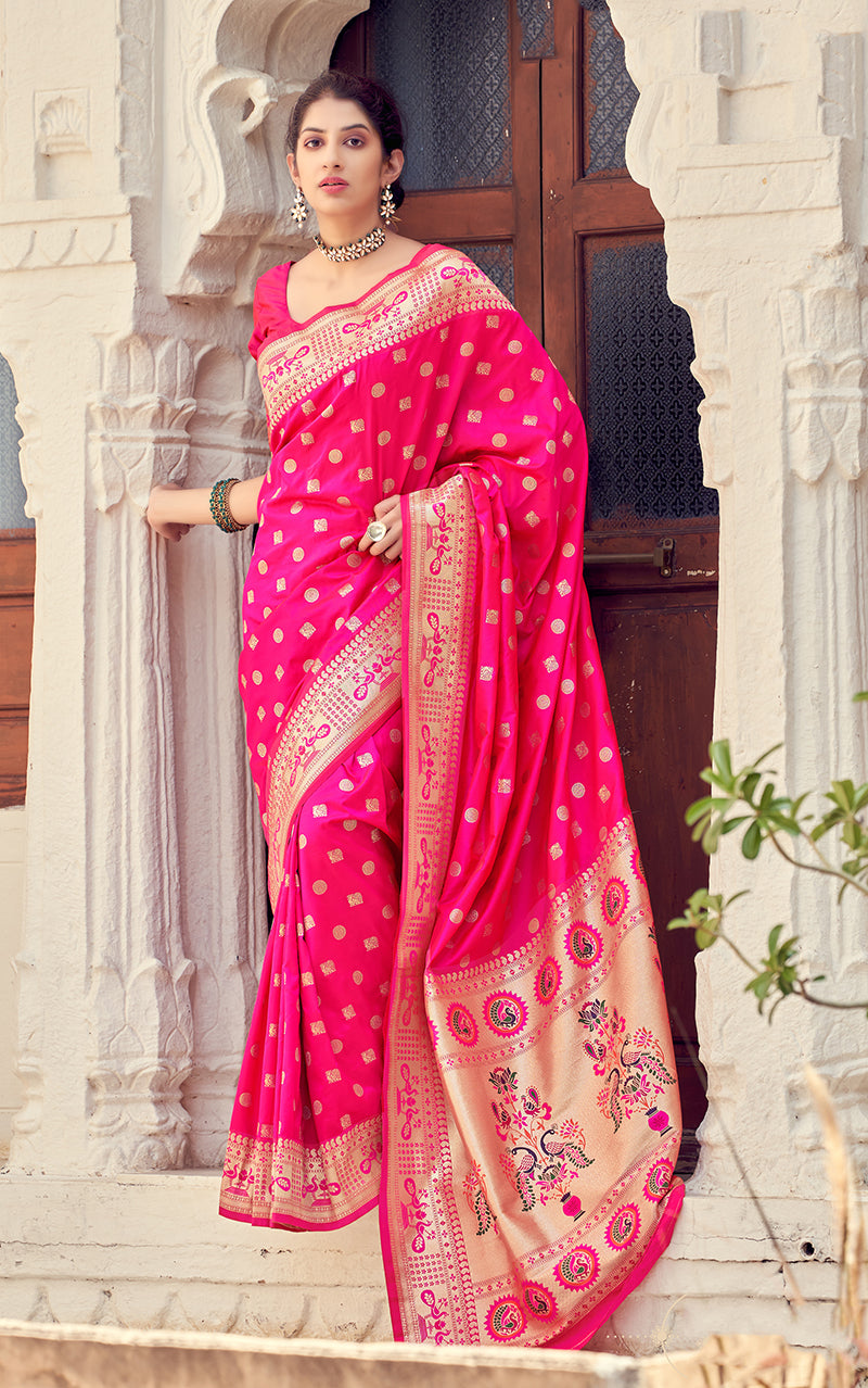 Women's Rani Pink Color Banarasi Silk Traditional Saree - Monjolika Fashion