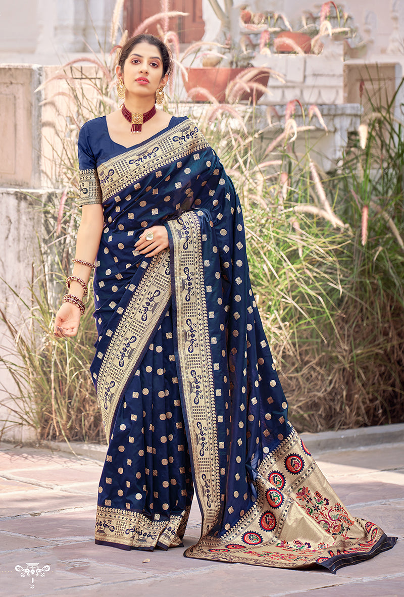 Women's Navy Blue Color Banarasi Silk Traditional Saree - Monjolika Fashion