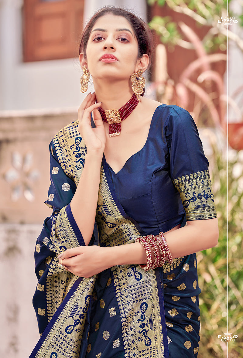 Women's Navy Blue Color Banarasi Silk Traditional Saree - Monjolika Fashion