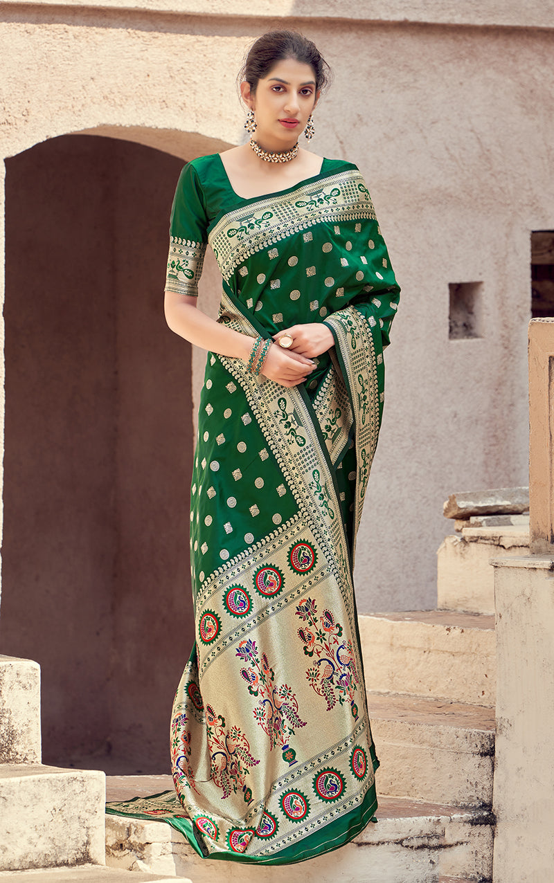Women's Dark Green Color Banarasi Silk Traditional Saree - Monjolika Fashion