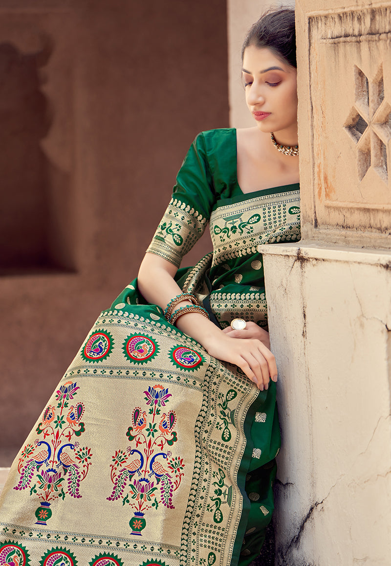 Women's Dark Green Color Banarasi Silk Traditional Saree - Monjolika Fashion