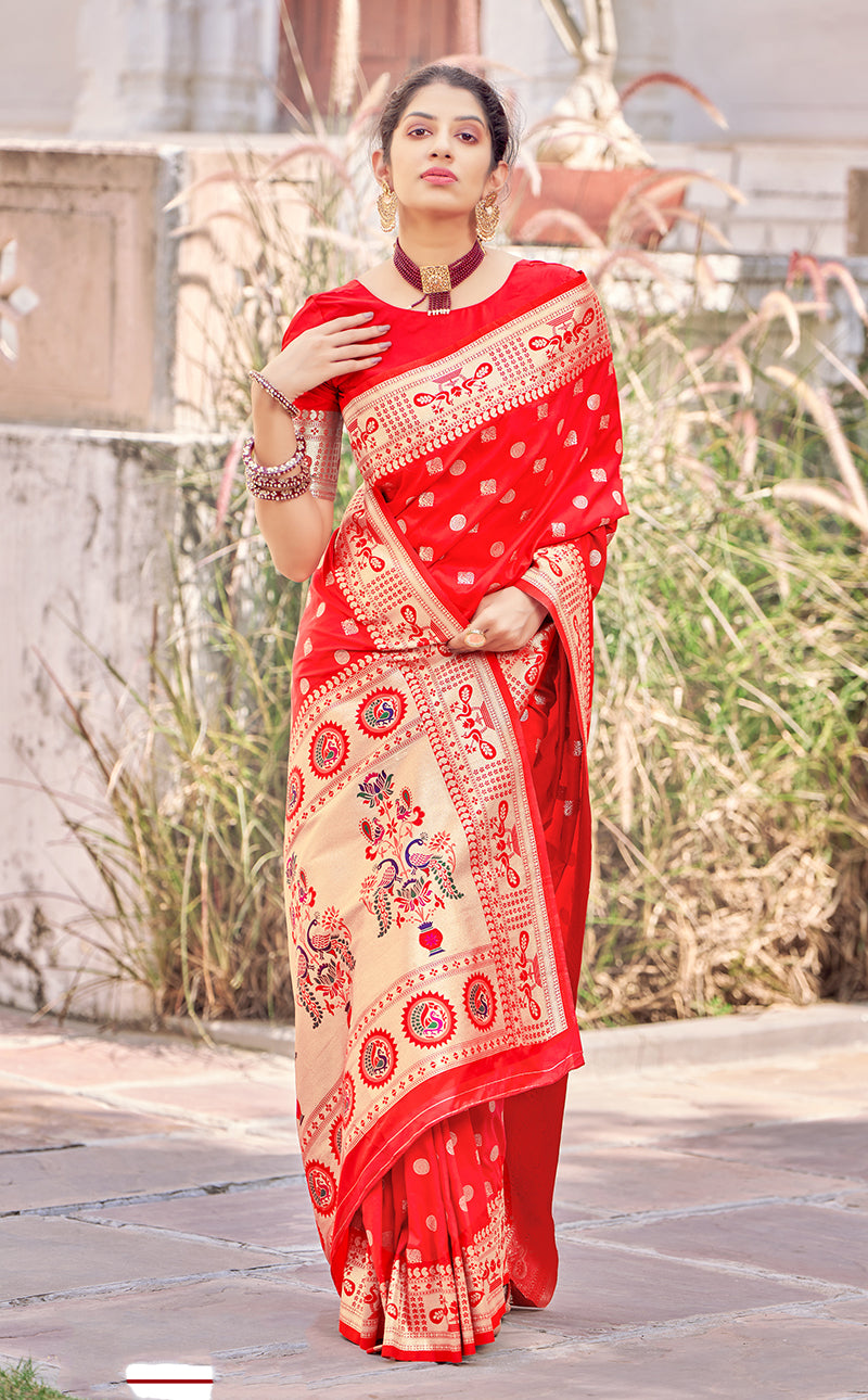 Women's Tomato Red Color Banarasi Silk Traditional Saree - Monjolika Fashion