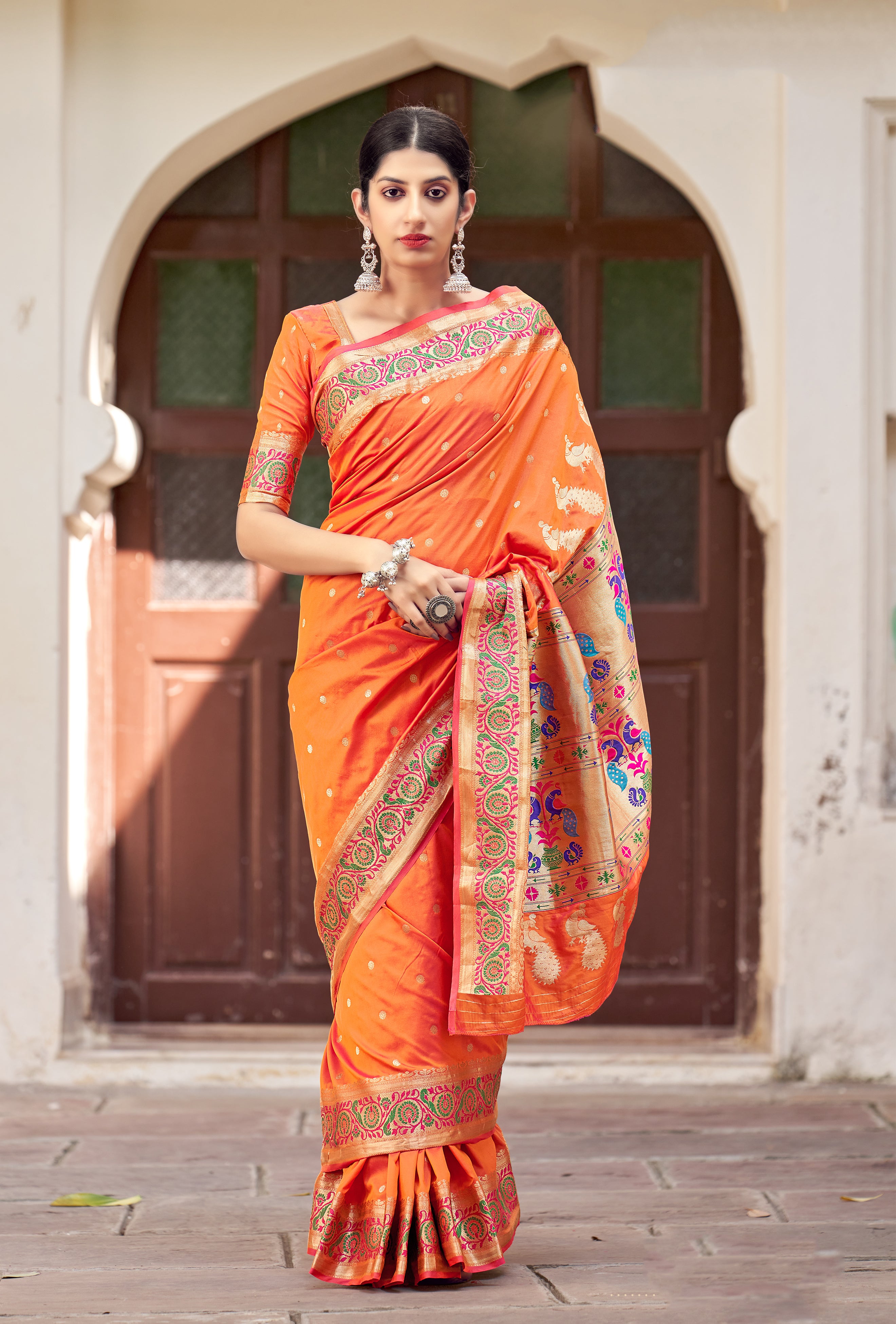Women's Orange color Weaving Traditional Banarasi Saree - Monjolika Fashion