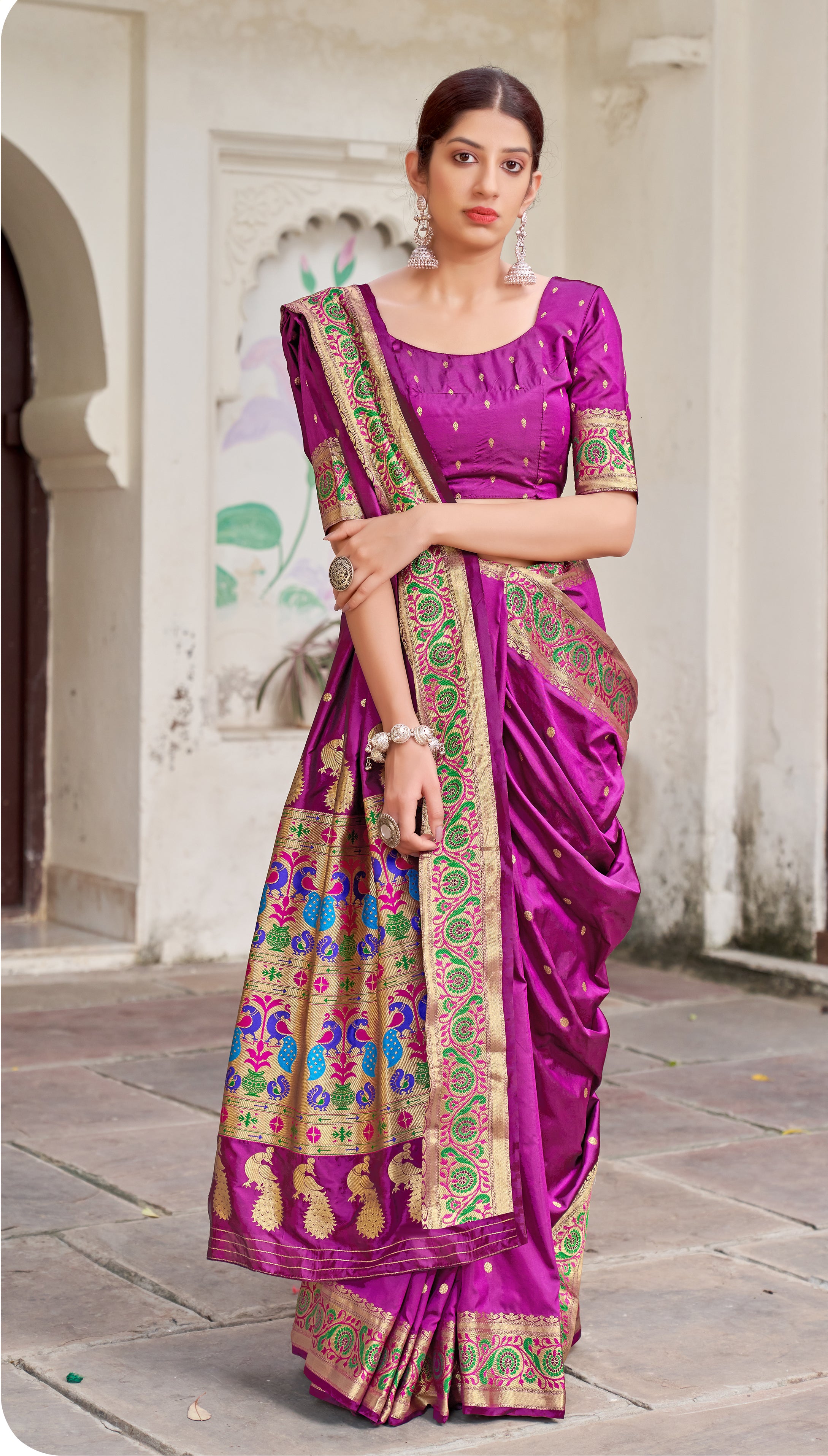 Women's Wine color Weaving Traditional Banarasi Saree - Monjolika Fashion