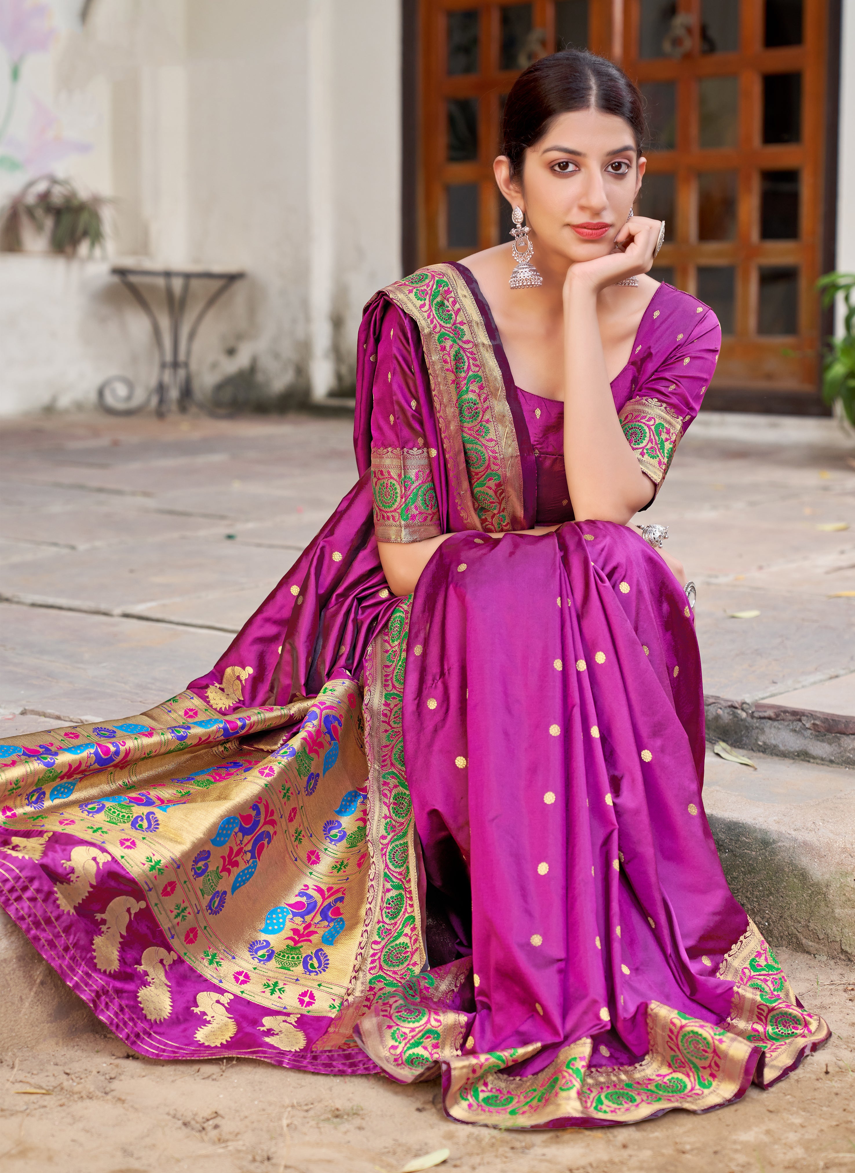 Women's Wine color Weaving Traditional Banarasi Saree - Monjolika Fashion
