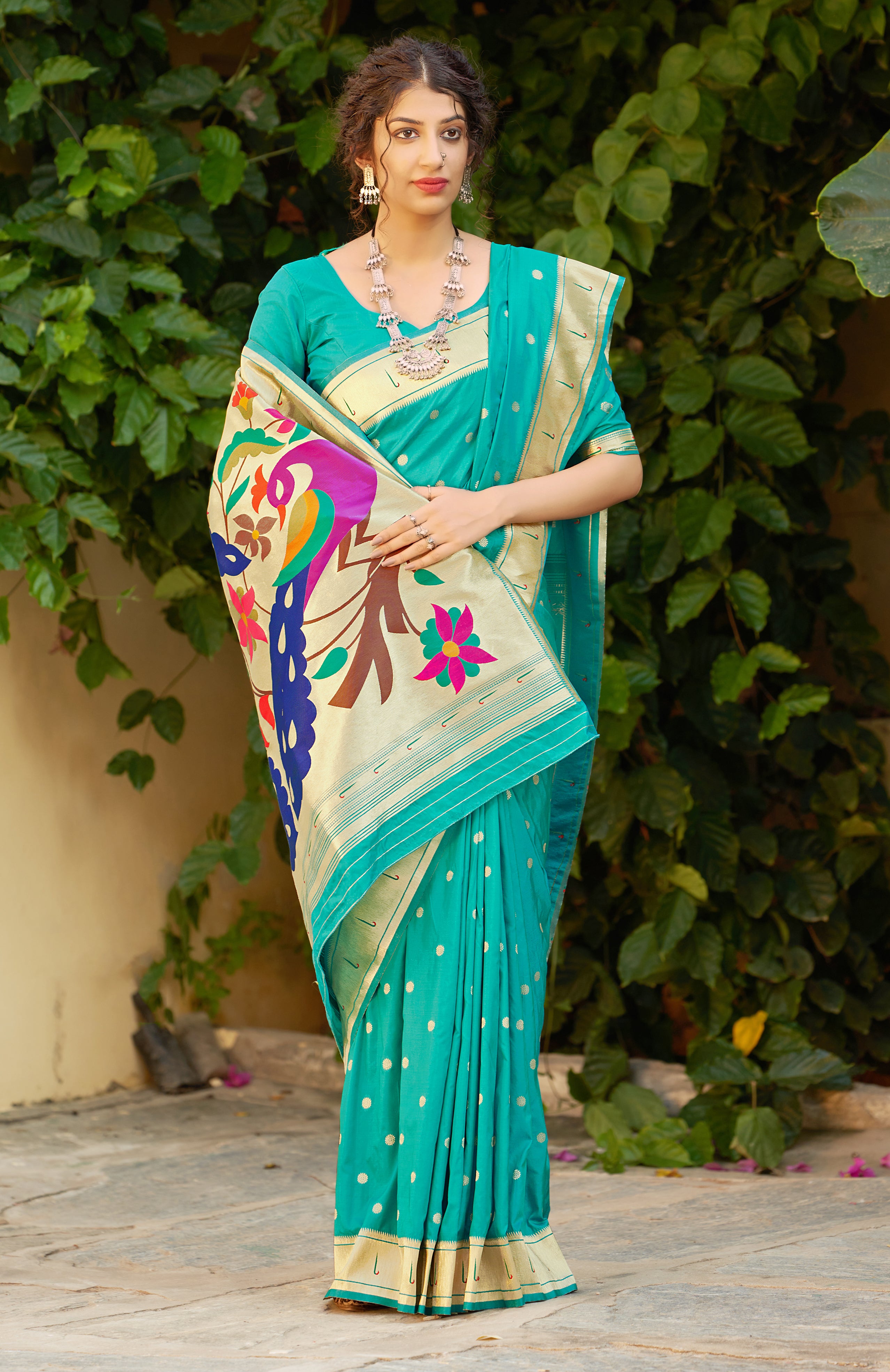 Women's Turquoise Color Traditional Weaving Silk Saree - Monjolika Fashion