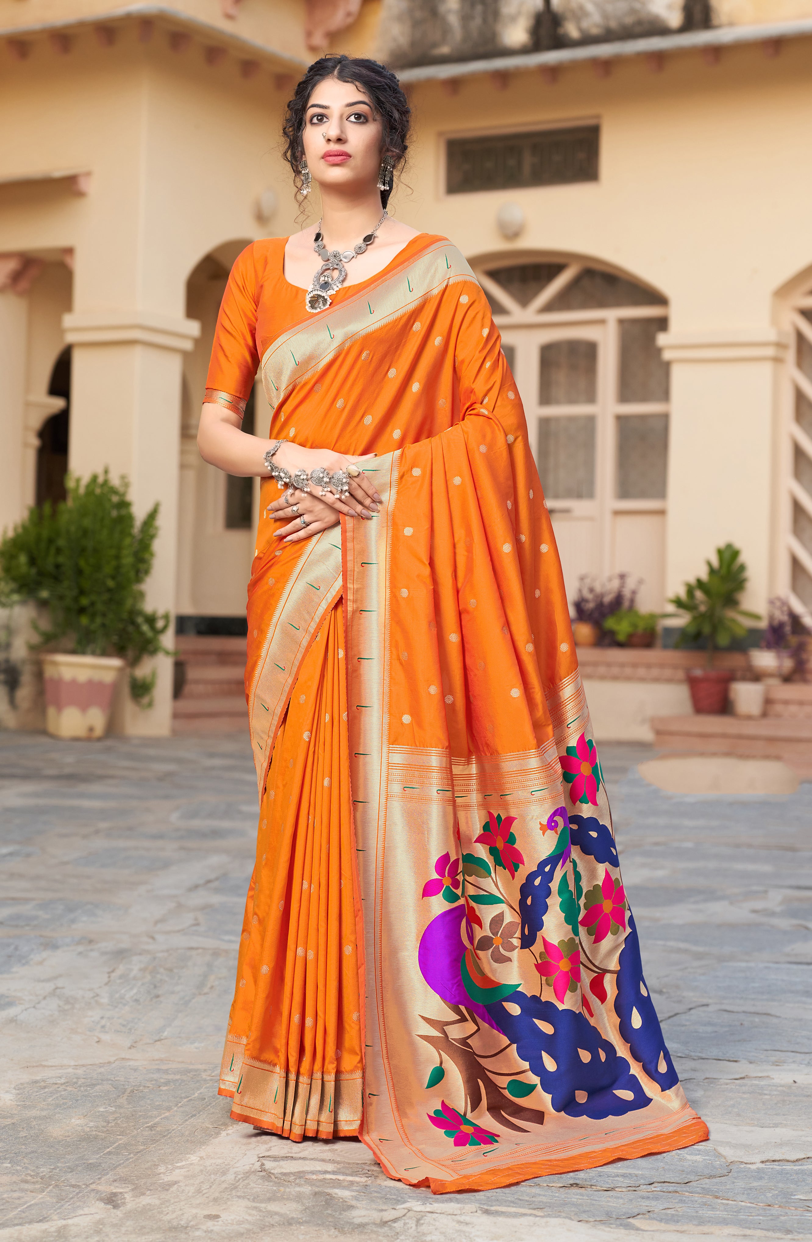 Women's Orange Color Traditional Weaving Silk Saree - Monjolika Fashion