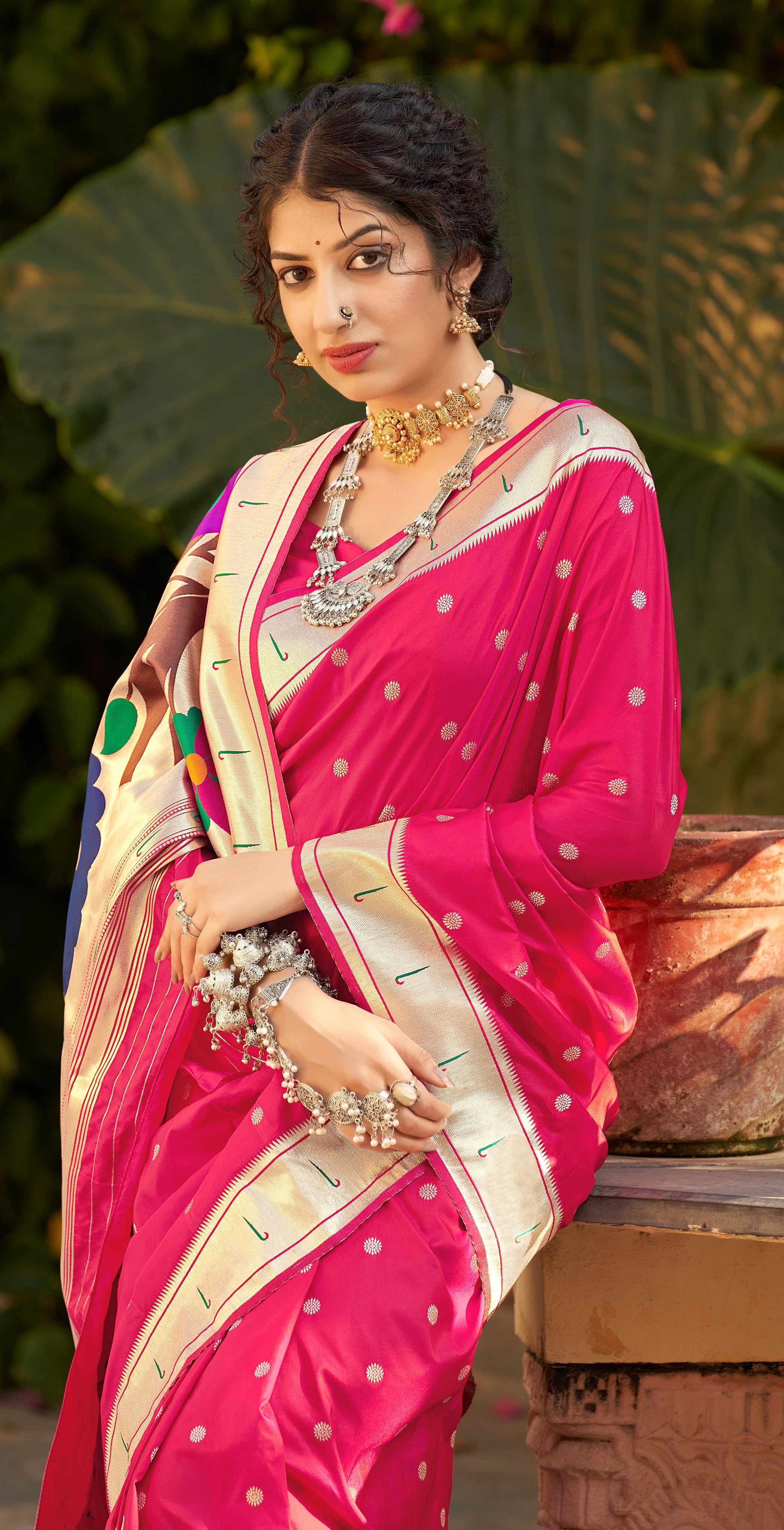 Women's Hot Pink Color Traditional Weaving Silk Saree - Monjolika Fashion