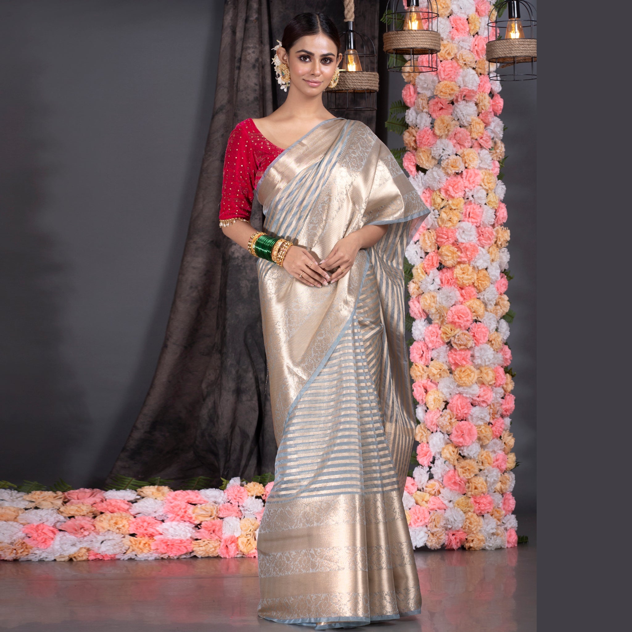 Women's Grey Silk Organza Saree With Golden Zari Stripe And Pallu Border - Boveee