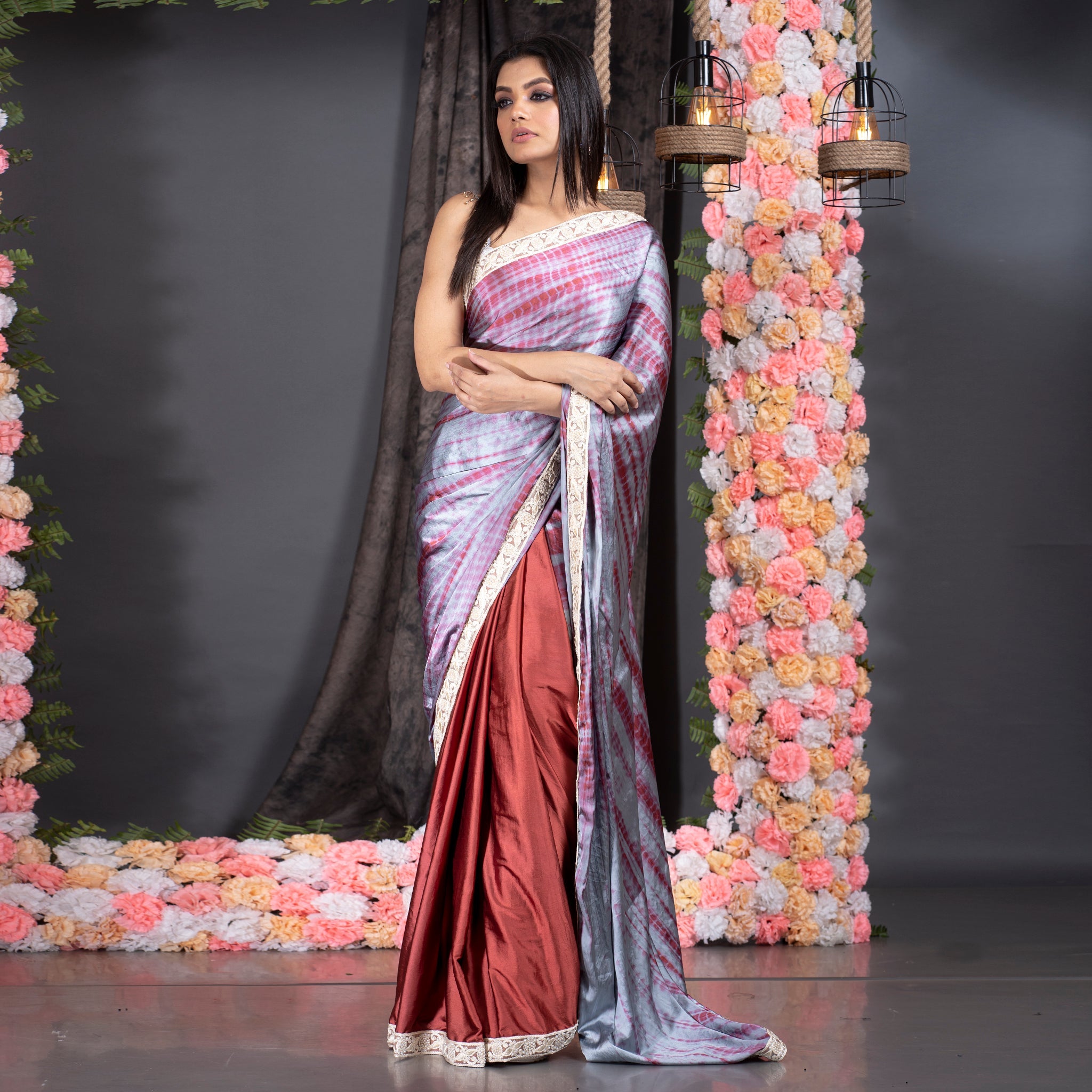 Women's Grey With Maroon Shibori Satin Saree With Pearl Embroidered Lace Border - Boveee