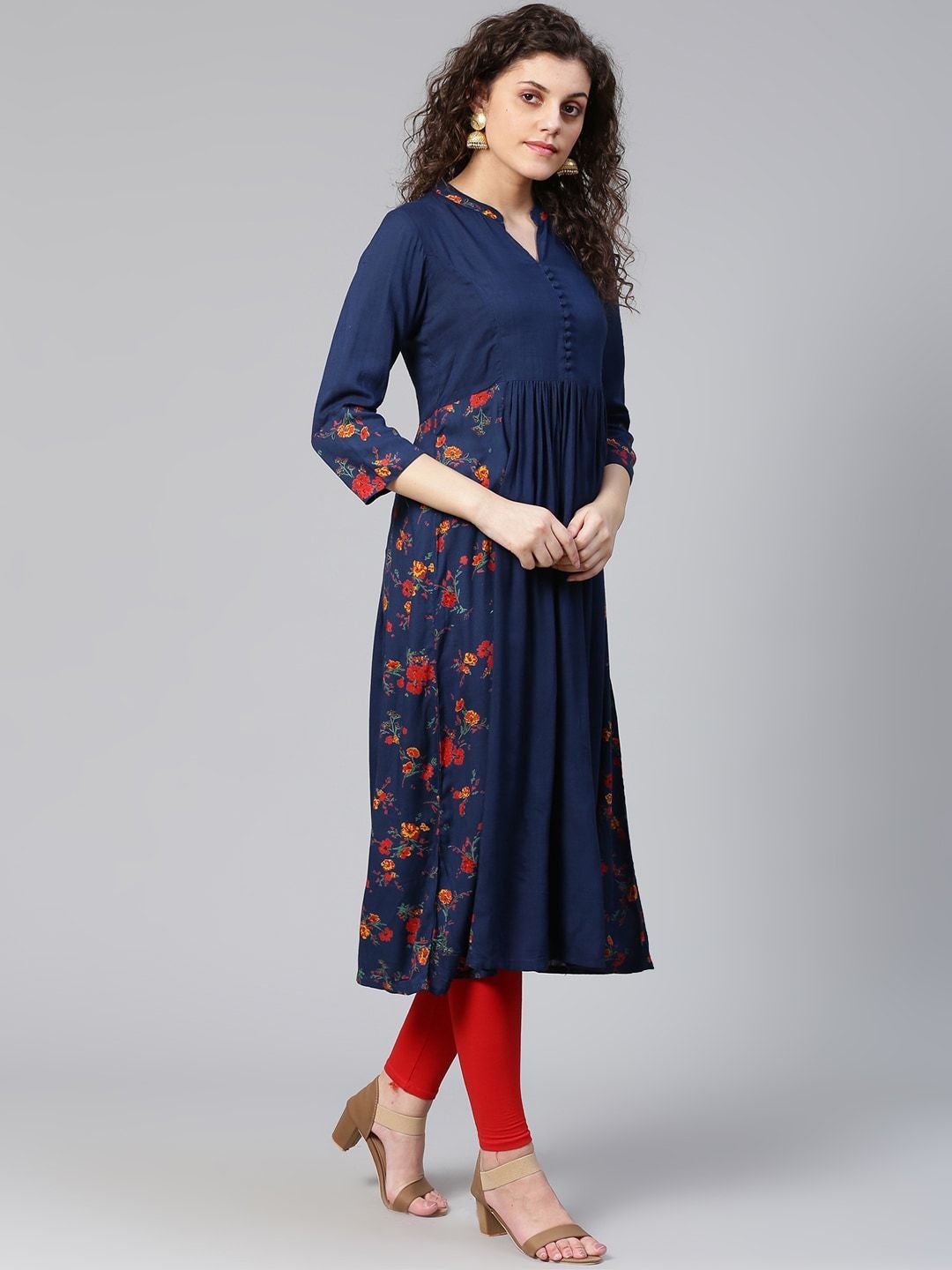 Women's Navy Blue & Red Floral Print Detail A-Line Kurta - Meeranshi