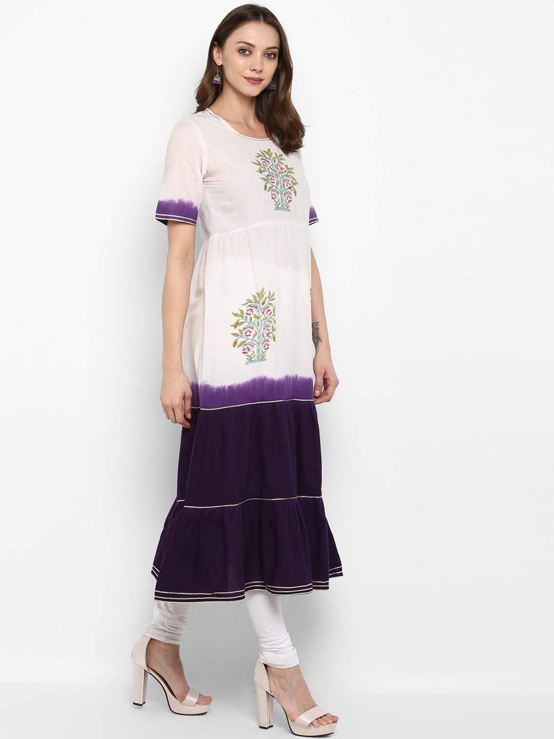 Women's White & Purple Colourblocked Tiered A-Line Kurta - Meeranshi