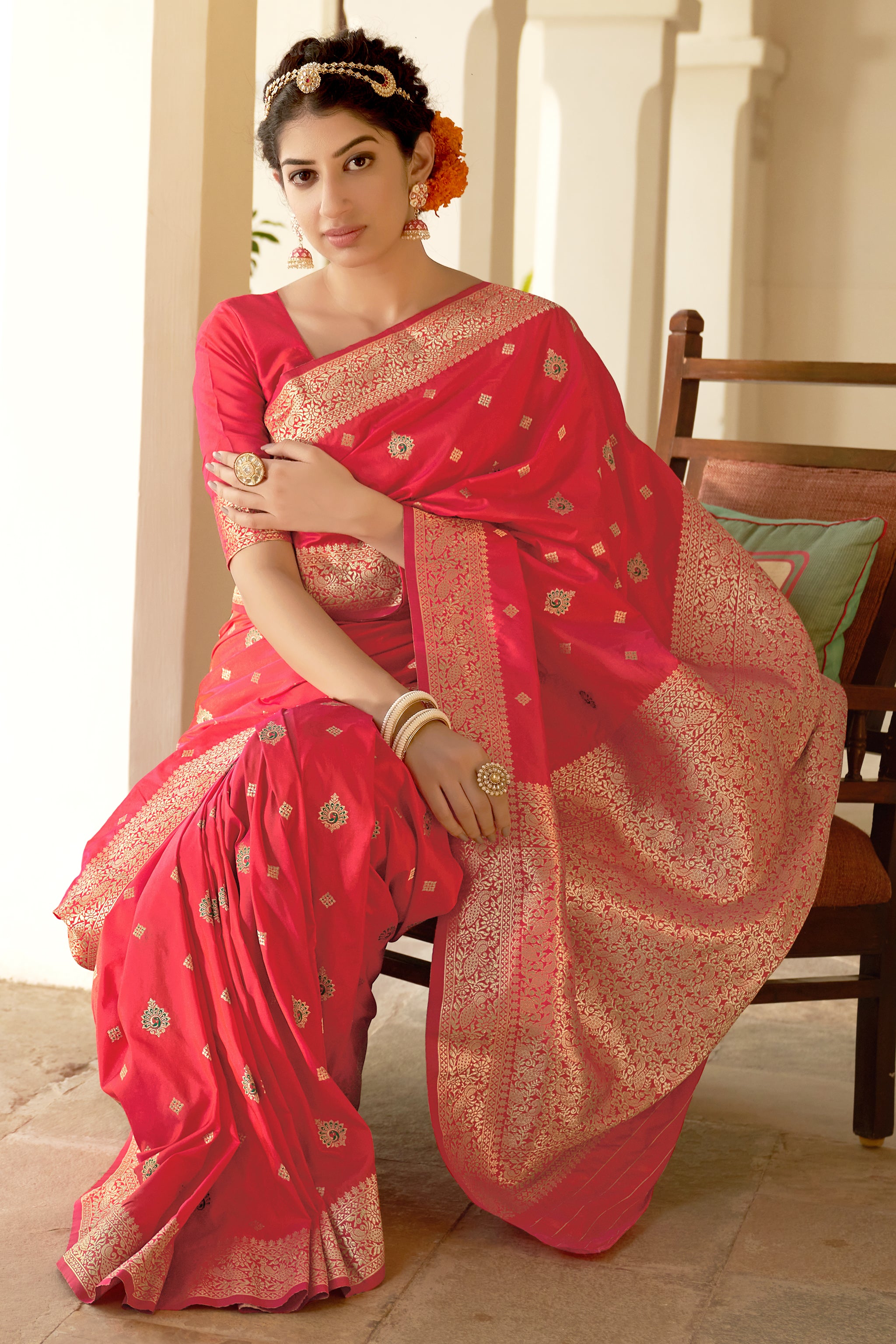 Women's Dark Pink Color Banarasi Silk Festive Wear Saree - Monjolika