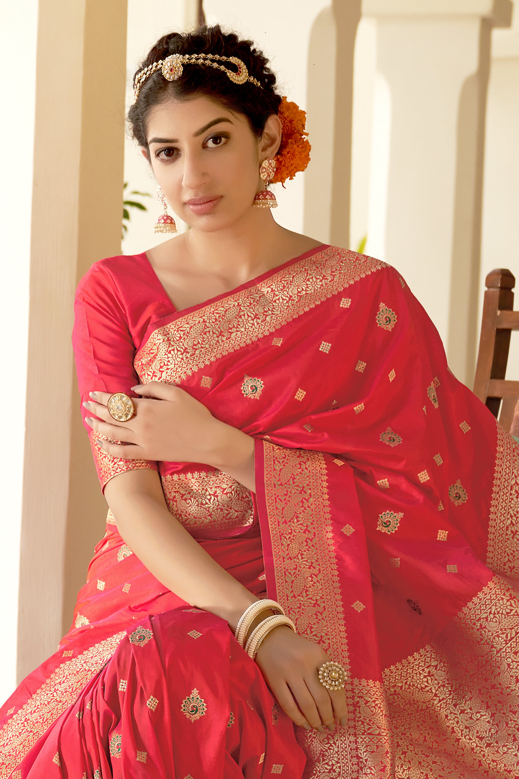 Women's Dark Pink Color Banarasi Silk Festive Wear Saree - Monjolika