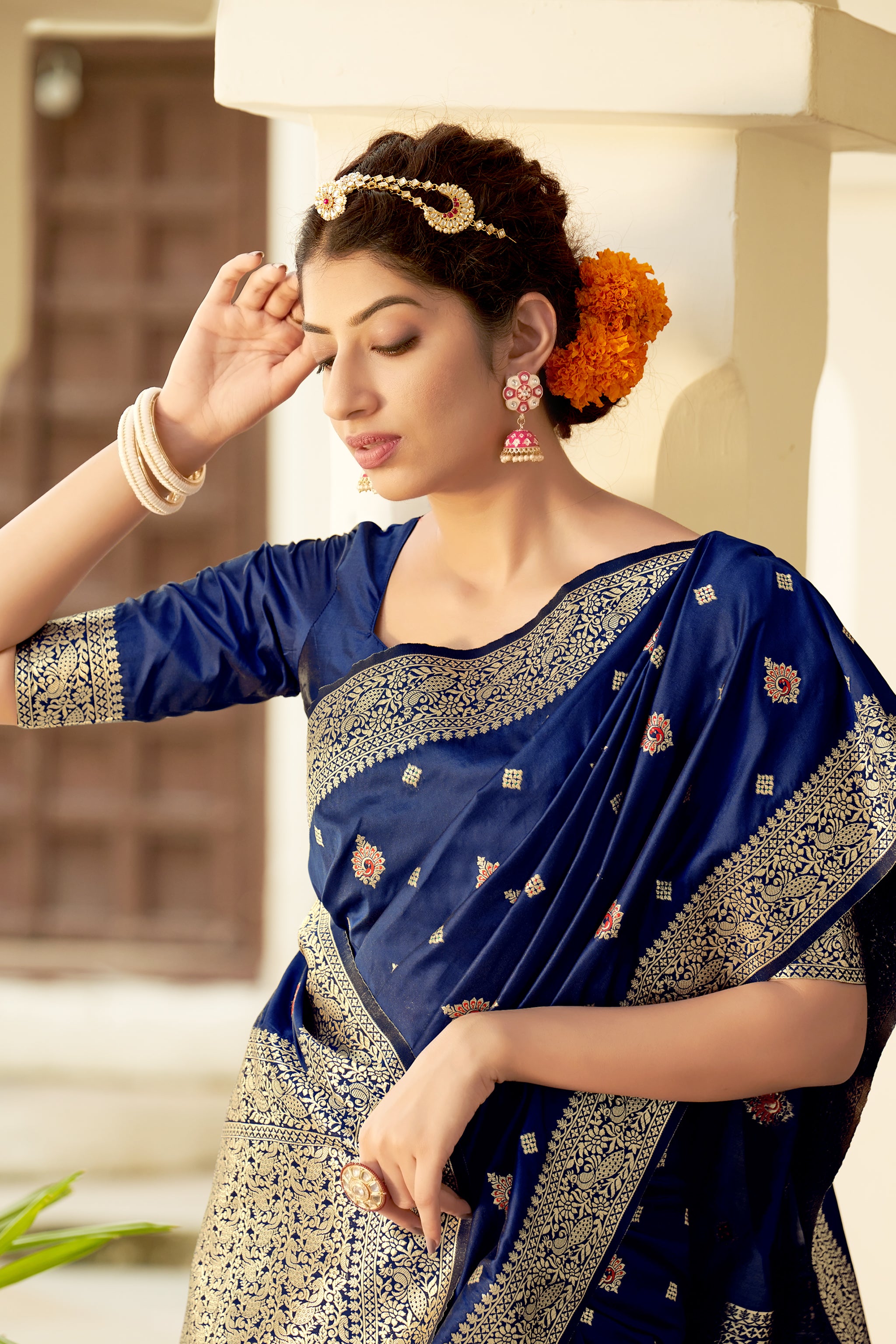 Women's Navy Blue Color Banarasi Silk Festive Wear Saree - Monjolika