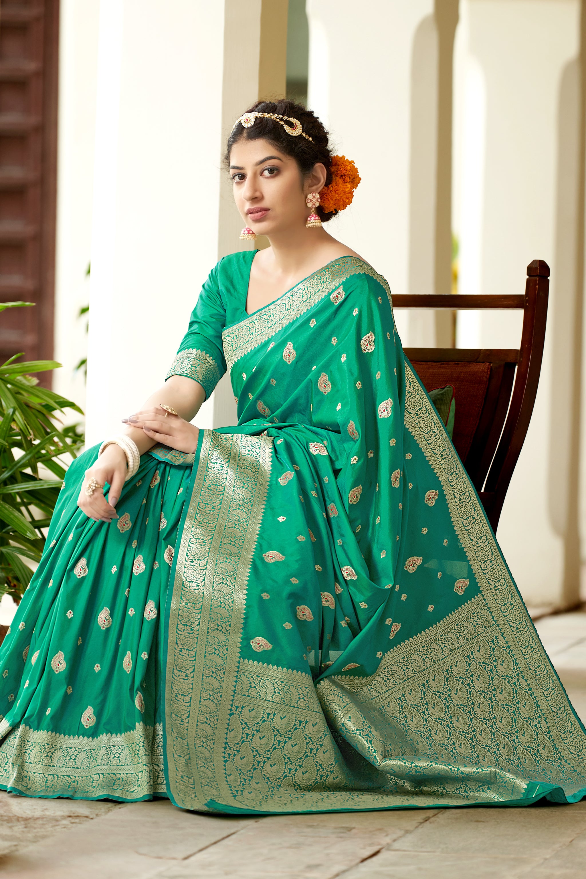 Women's Turquoise Color Banarasi Silk Festive Wear Saree - Monjolika