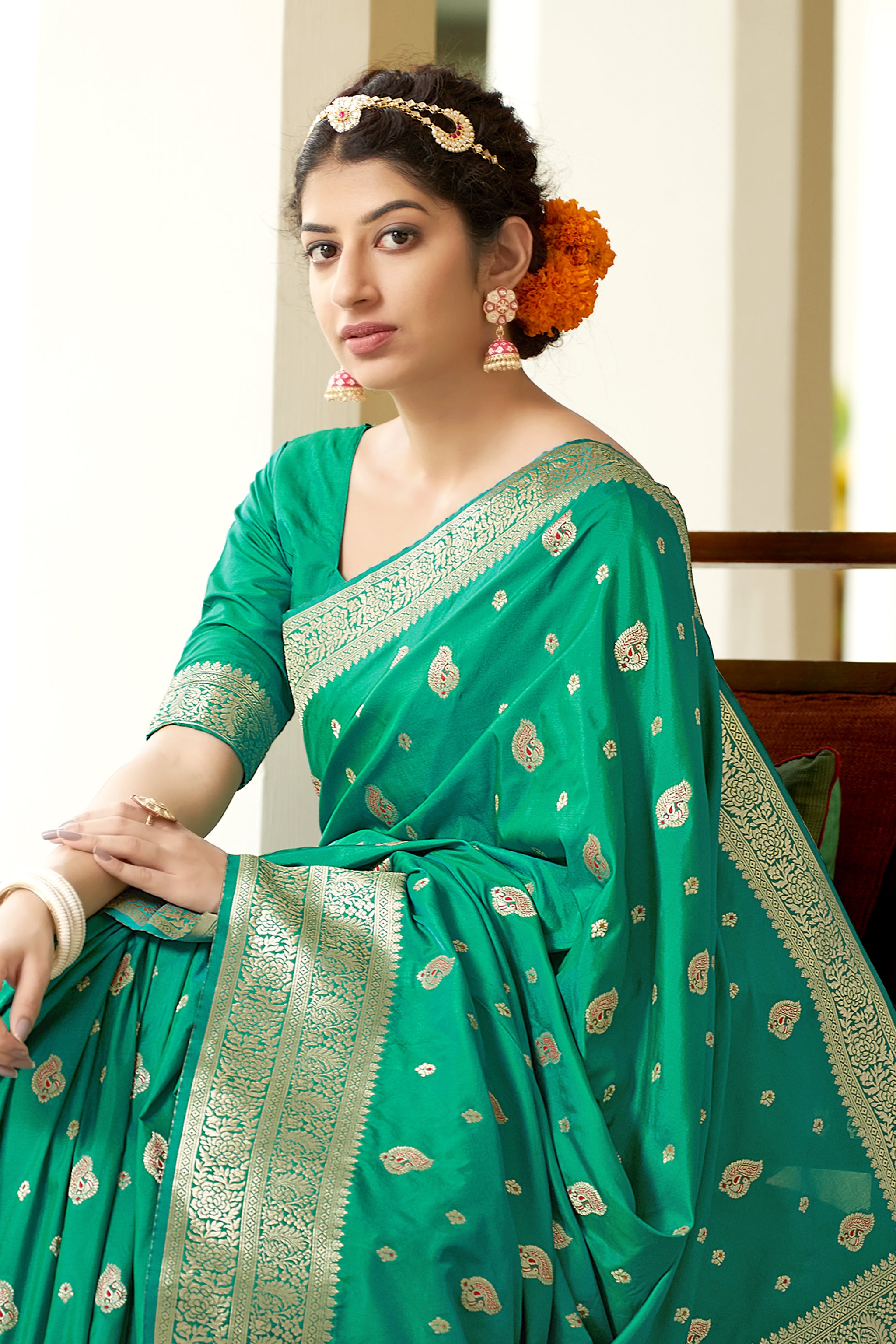 Women's Turquoise Color Banarasi Silk Festive Wear Saree - Monjolika