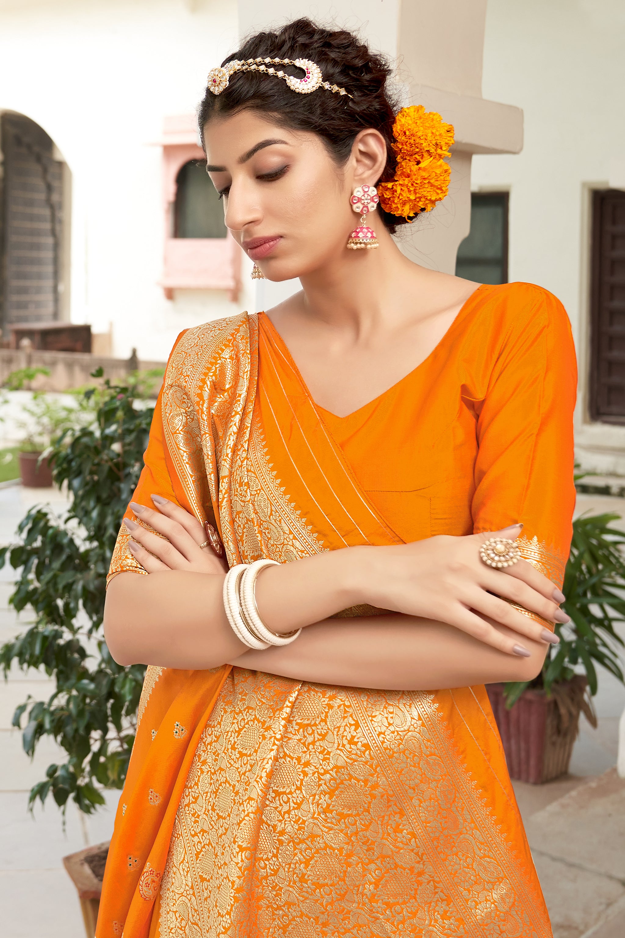 Women's Orange Color Banarasi Silk Festive Wear Saree - Monjolika