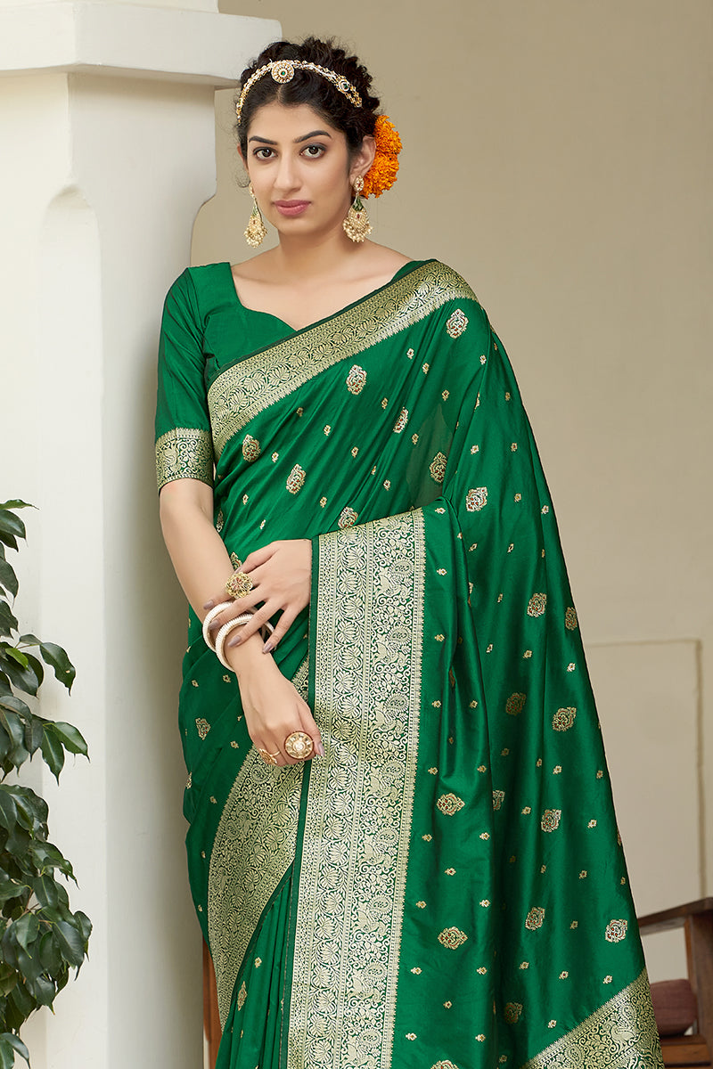 Women's Dark Green Color Banarasi Silk Festive Wear Saree - Monjolika