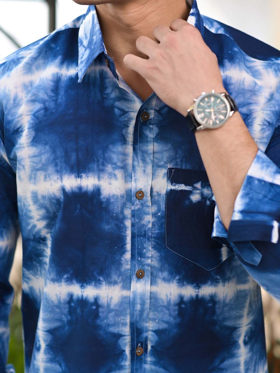 Men's Indigo Clamp Dyeing Cotton Shirt - Hatheli