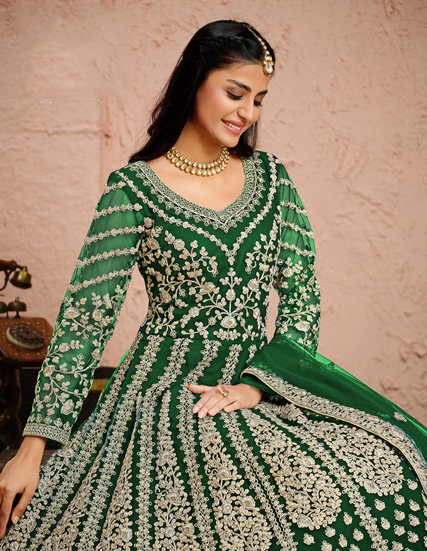 Women's Green Net Designer Floor Length Anarkali Suit - Monjolika