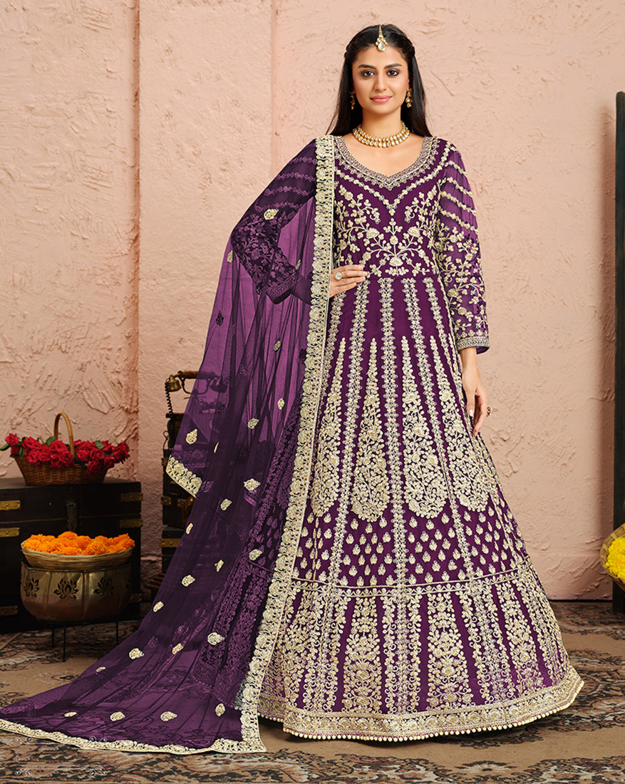 Women's Purple Net Designer Floor Length Anarkali Suit - Monjolika