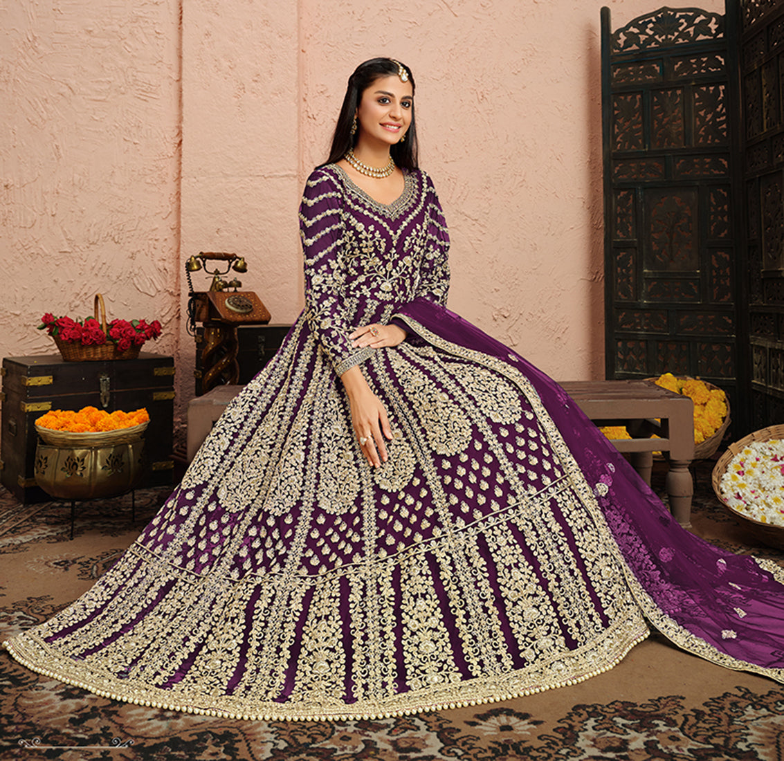 Women's Purple Net Designer Floor Length Anarkali Suit - Monjolika