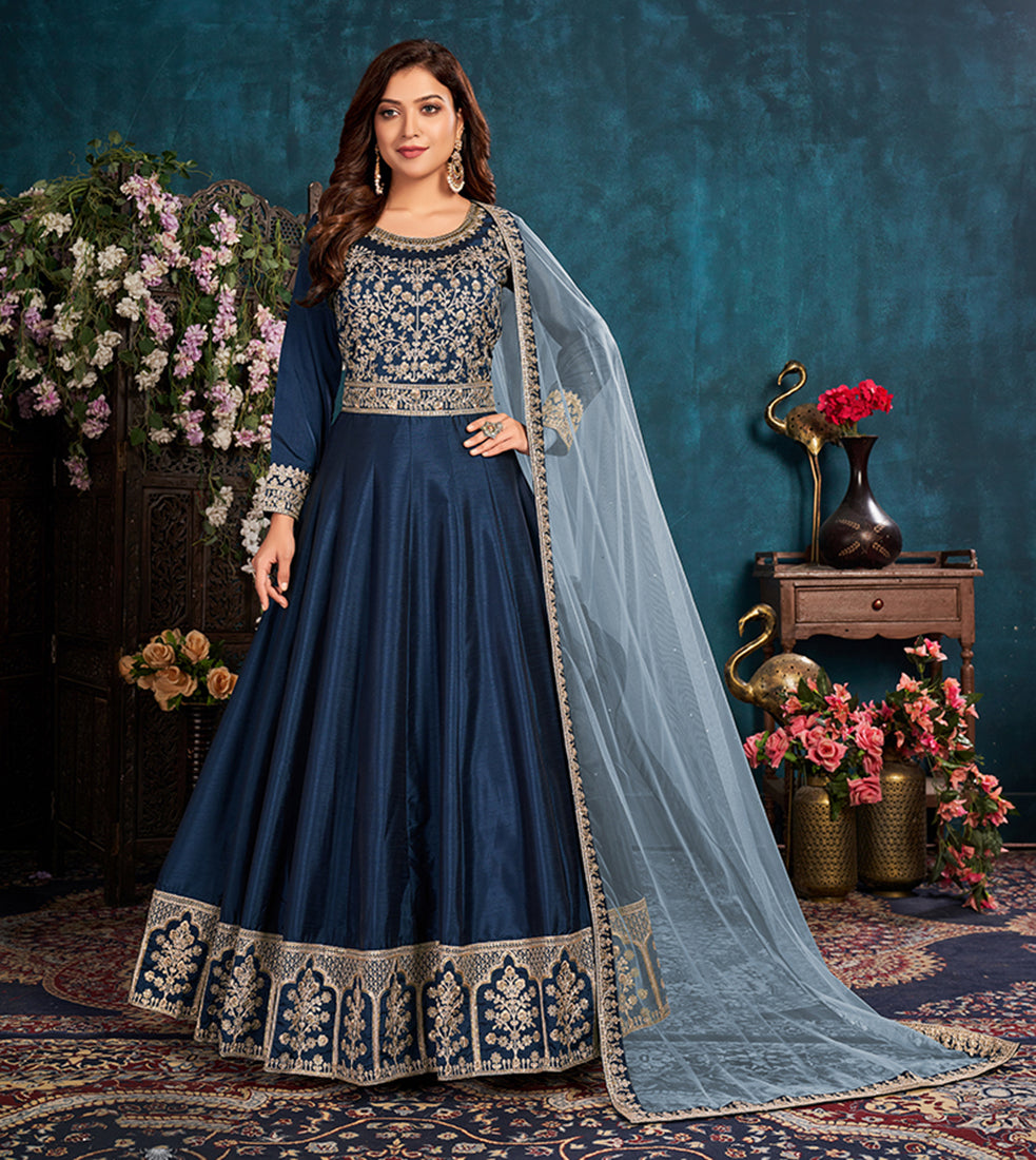 Women's Royal Blue Wedding Floor Length Designer Suit - Monjolika
