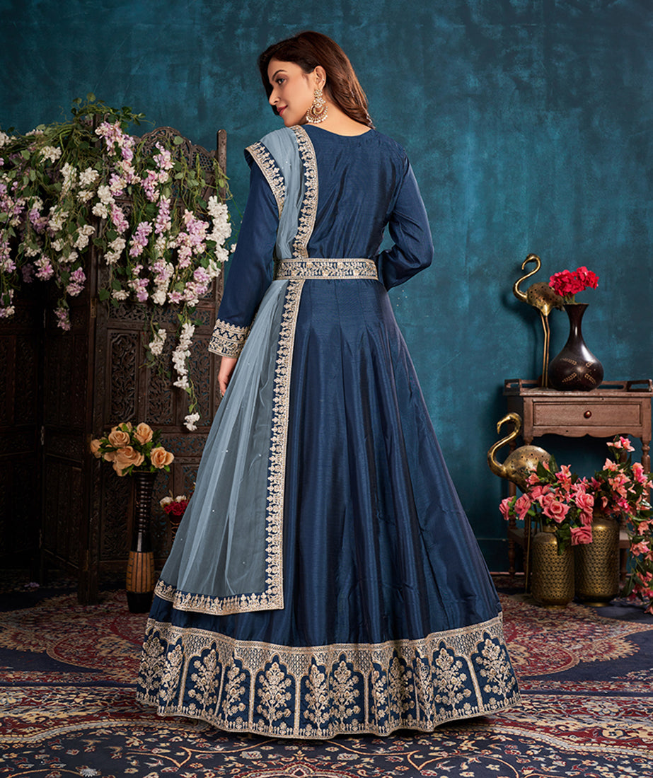Women's Royal Blue Wedding Floor Length Designer Suit - Monjolika
