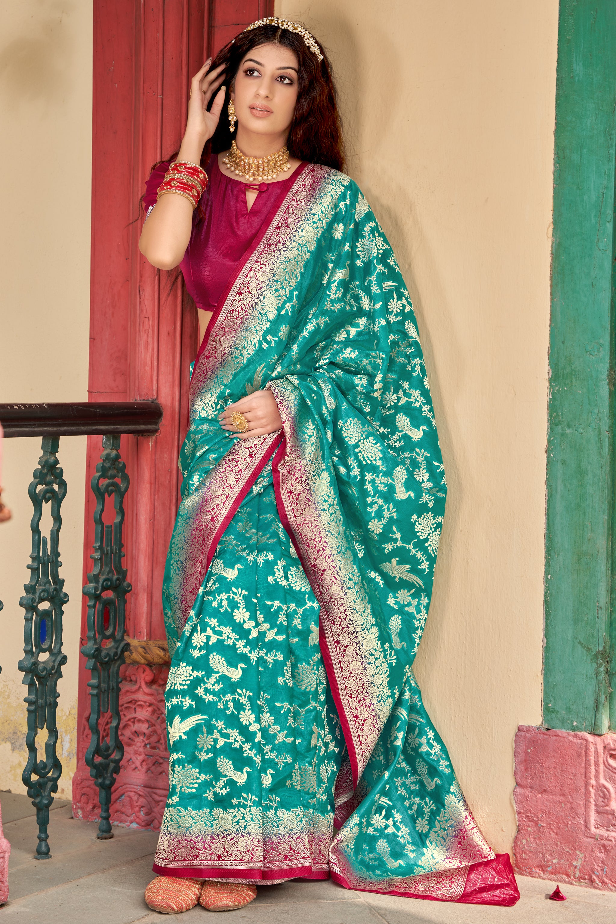 Women's Organza Silk Light Teal Colour Trendy Saree - Monjolika