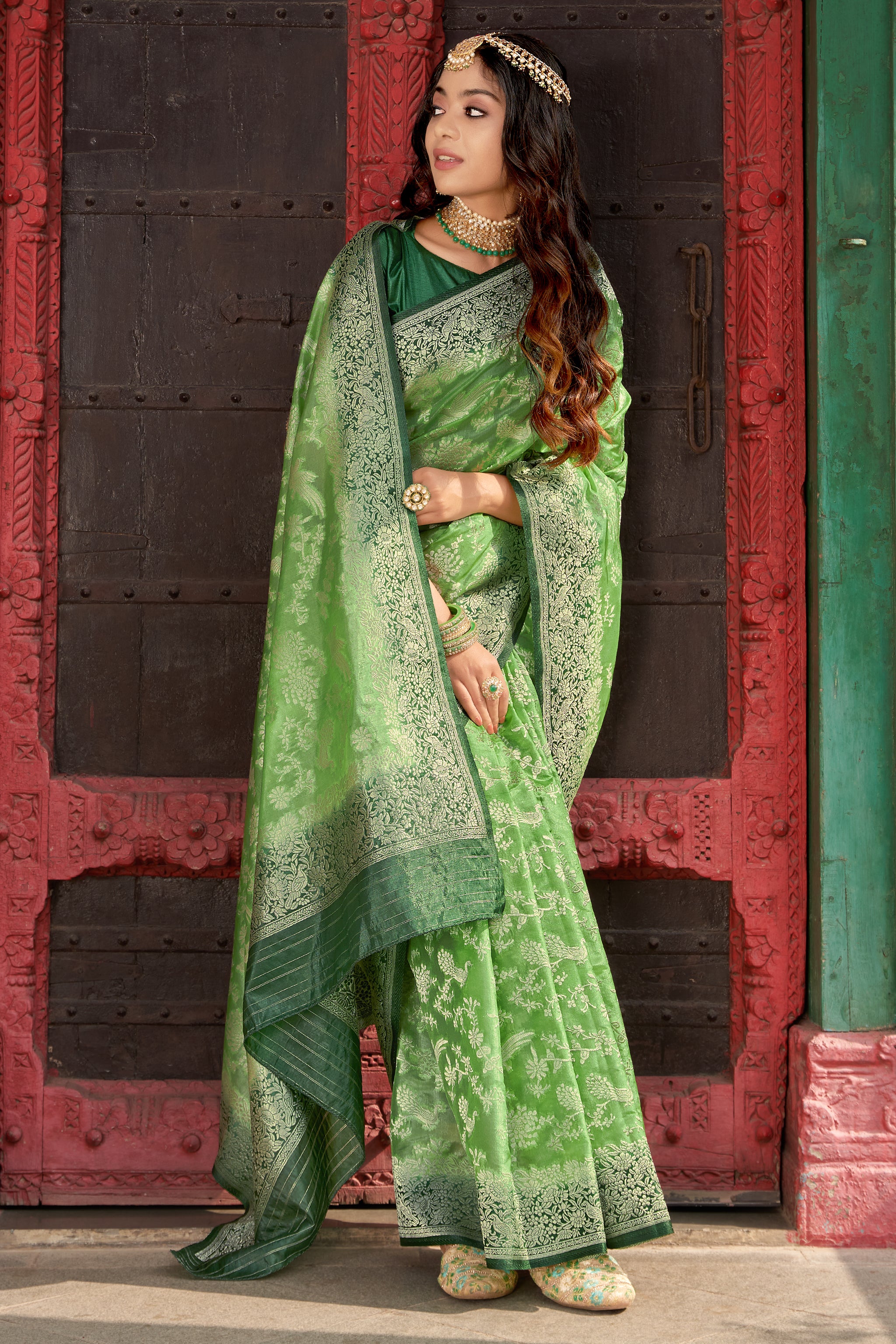 Women's Organza Silk Light Green Colour Trendy Saree - Monjolika
