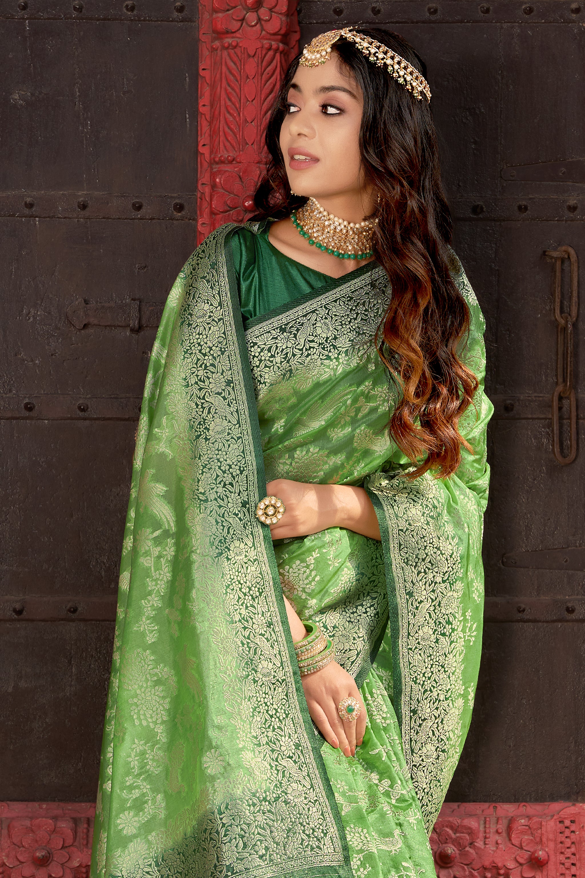 Women's Organza Silk Light Green Colour Trendy Saree - Monjolika