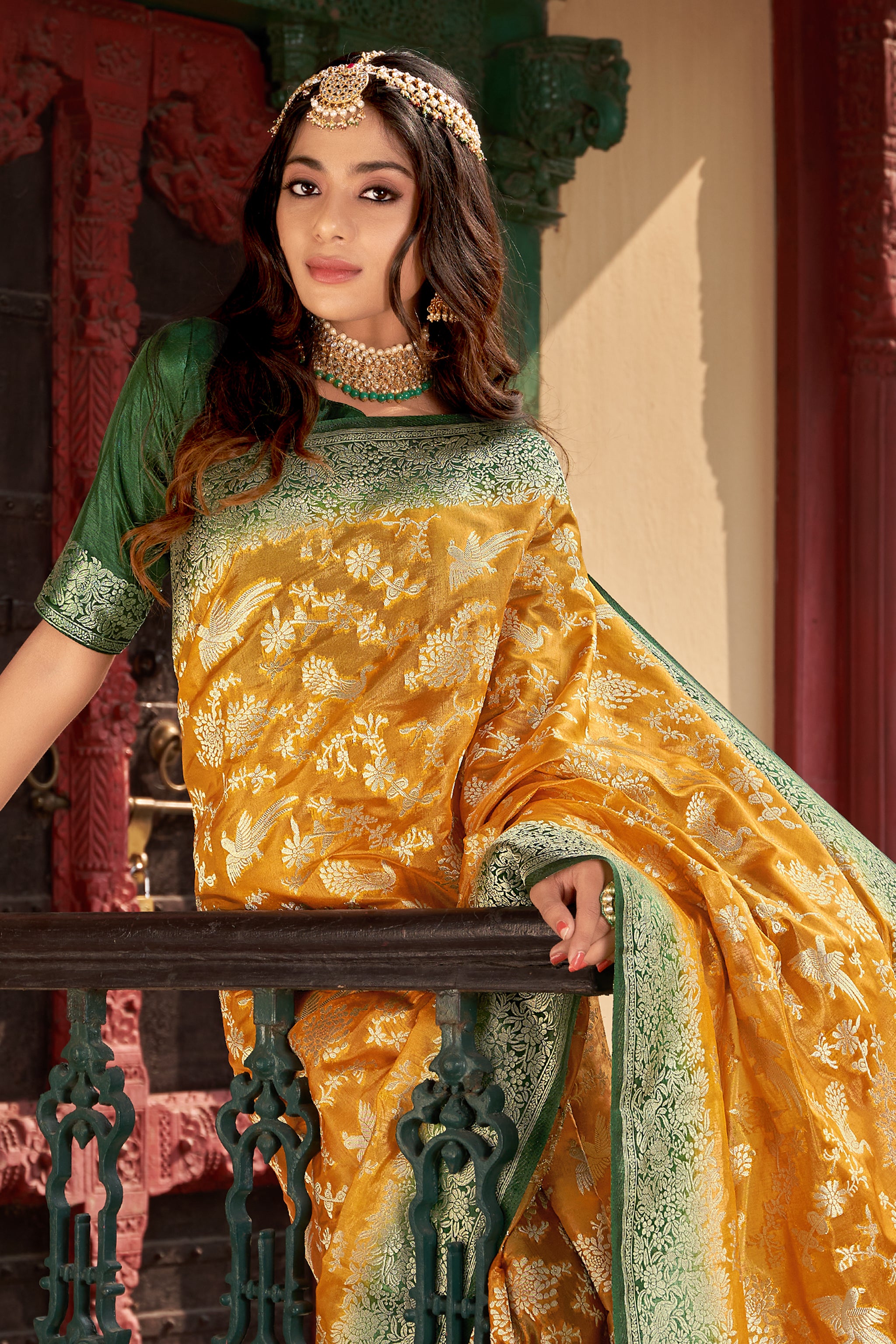 Women's Organza Silk Amber Colour Trendy Saree - Monjolika