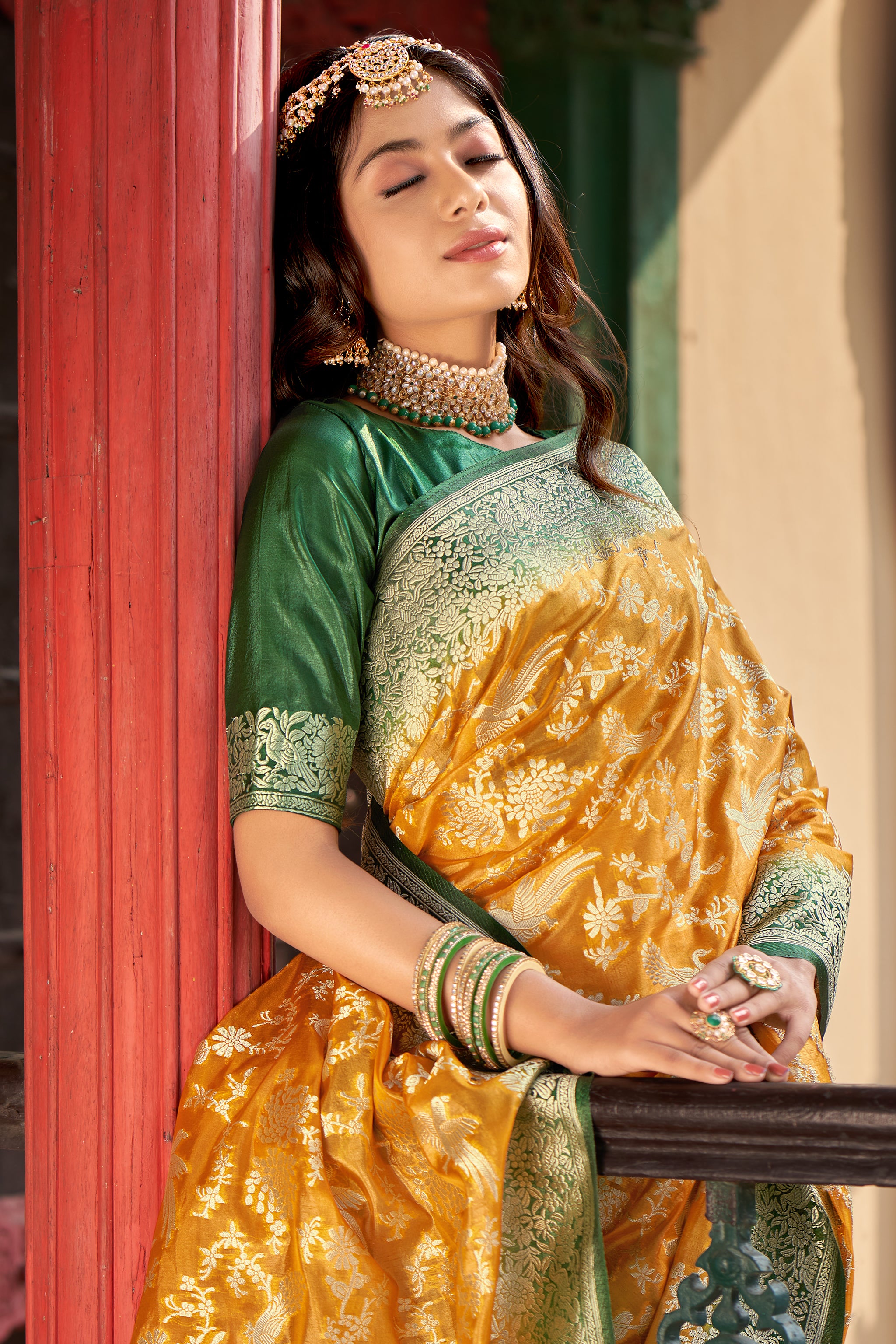 Women's Organza Silk Amber Colour Trendy Saree - Monjolika
