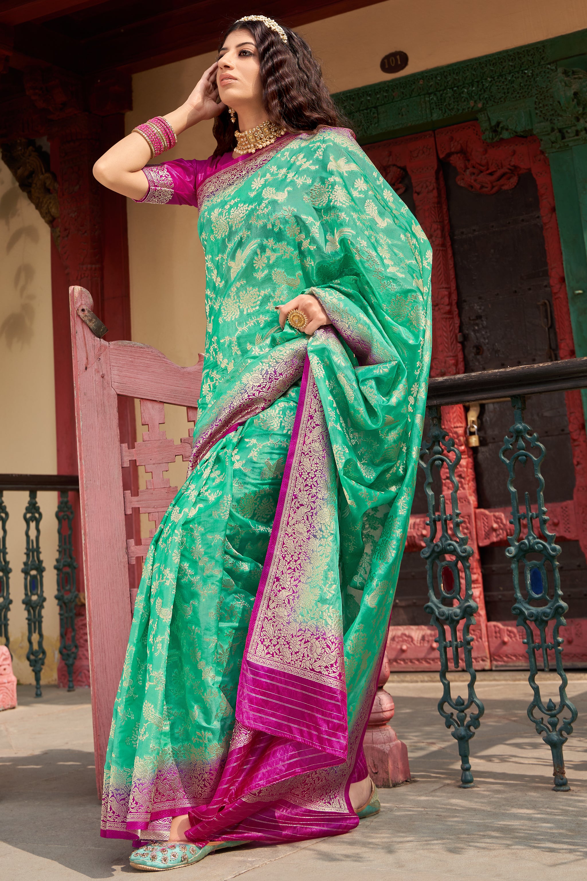 Women's Organza Silk Sea Green Colour Trendy Saree - Monjolika