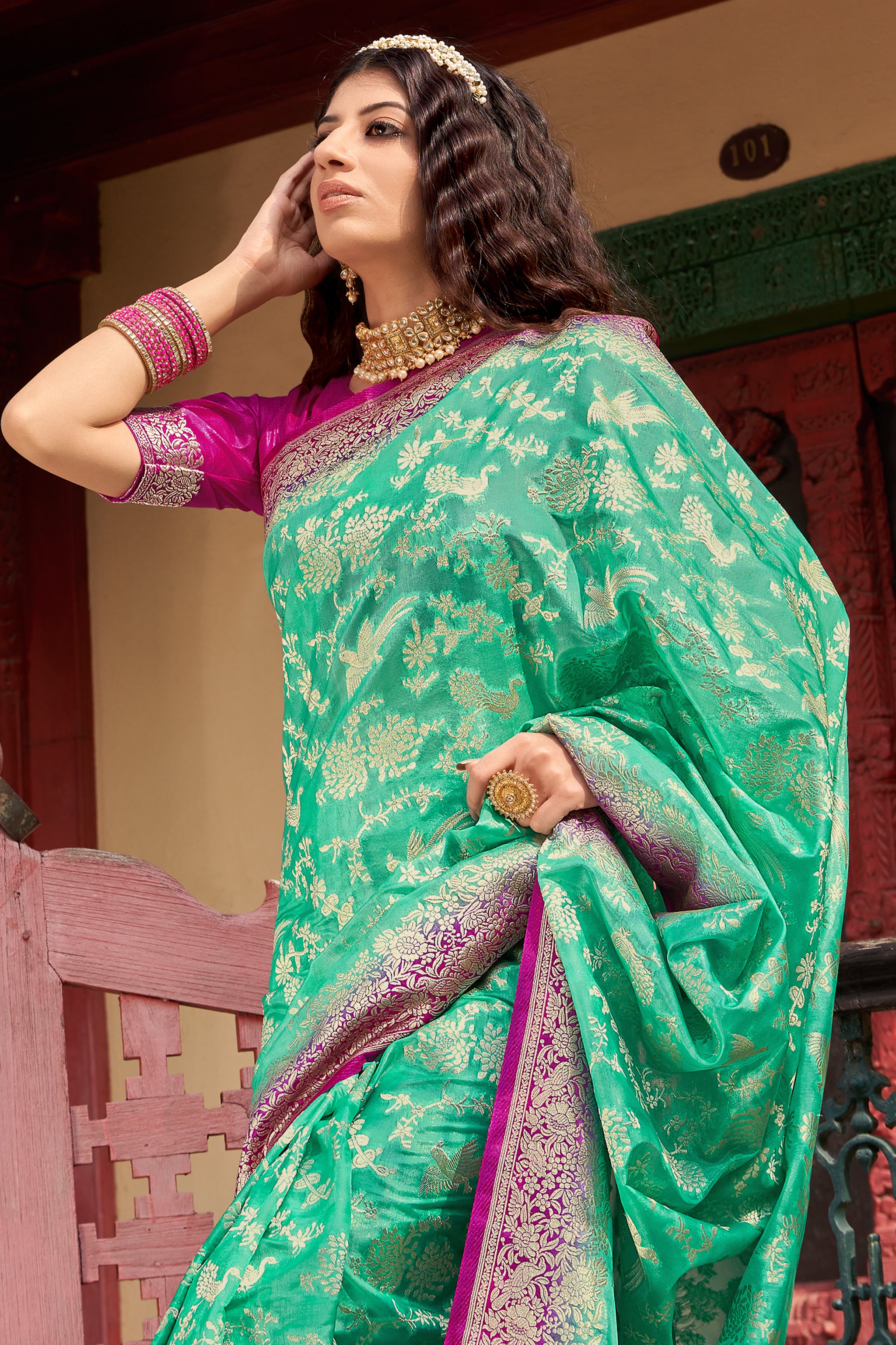 Women's Organza Silk Sea Green Colour Trendy Saree - Monjolika