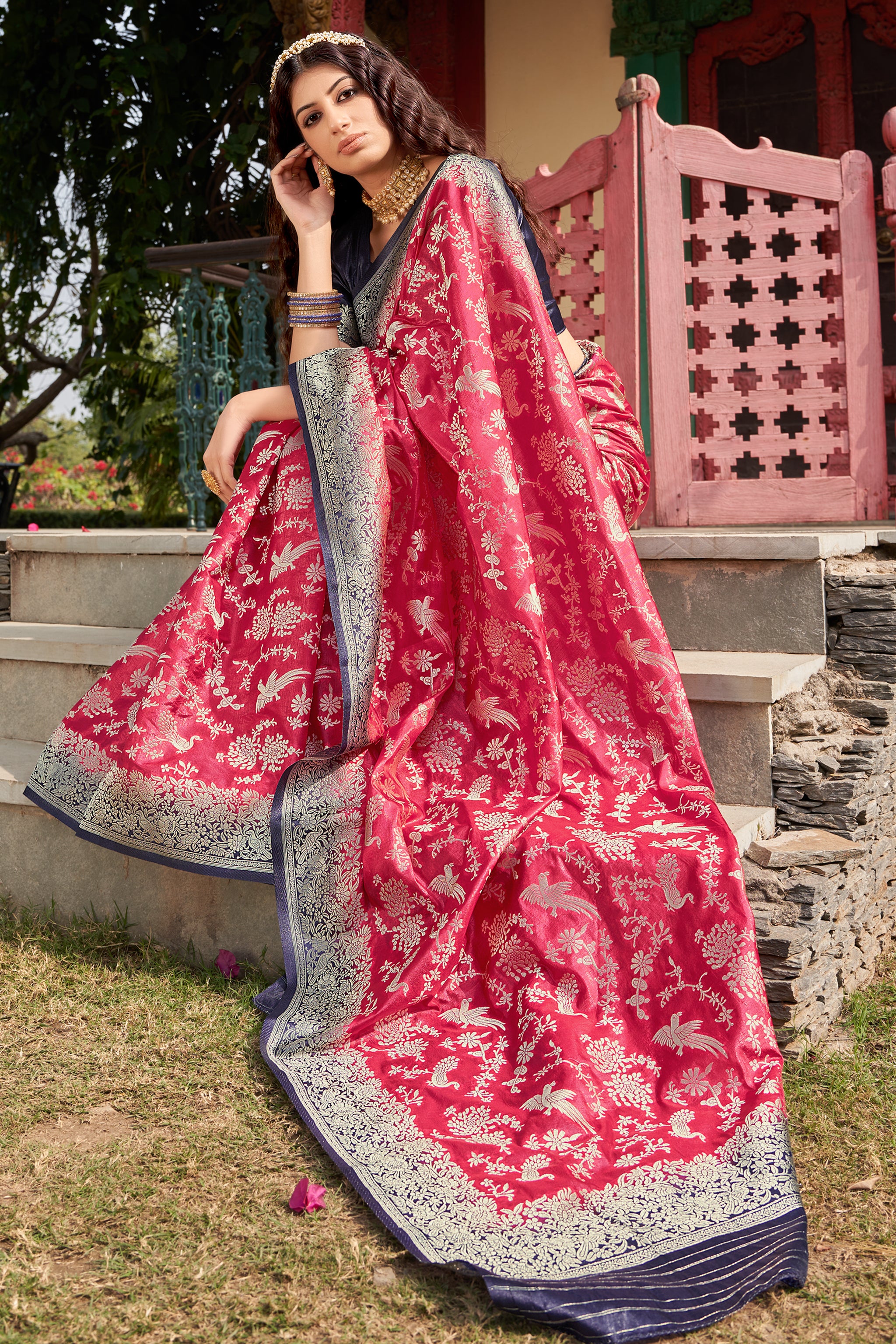 Women's Organza Silk Light Red Colour Trendy Saree - Monjolika