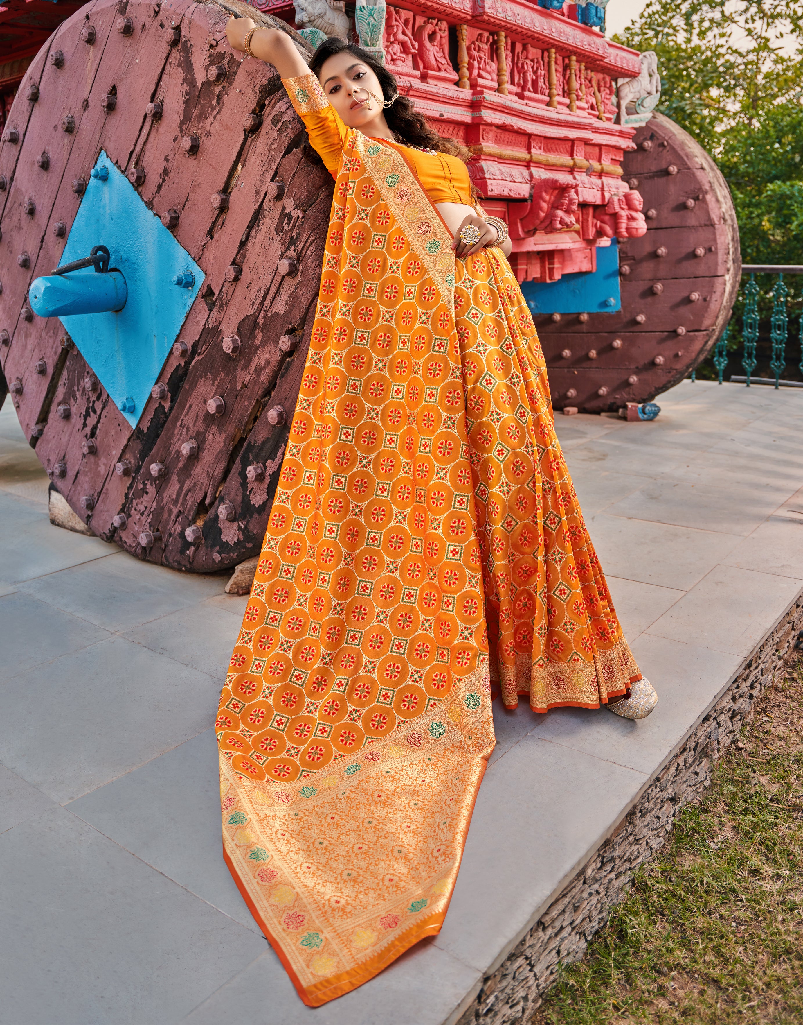 Women's Orange Weaving Banarasi Silk Designer Traditional Saree - Monjolika