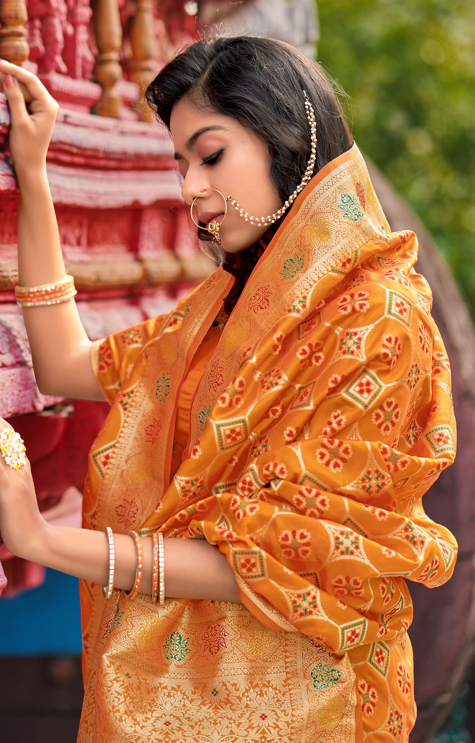 Women's Orange Weaving Banarasi Silk Designer Traditional Saree - Monjolika