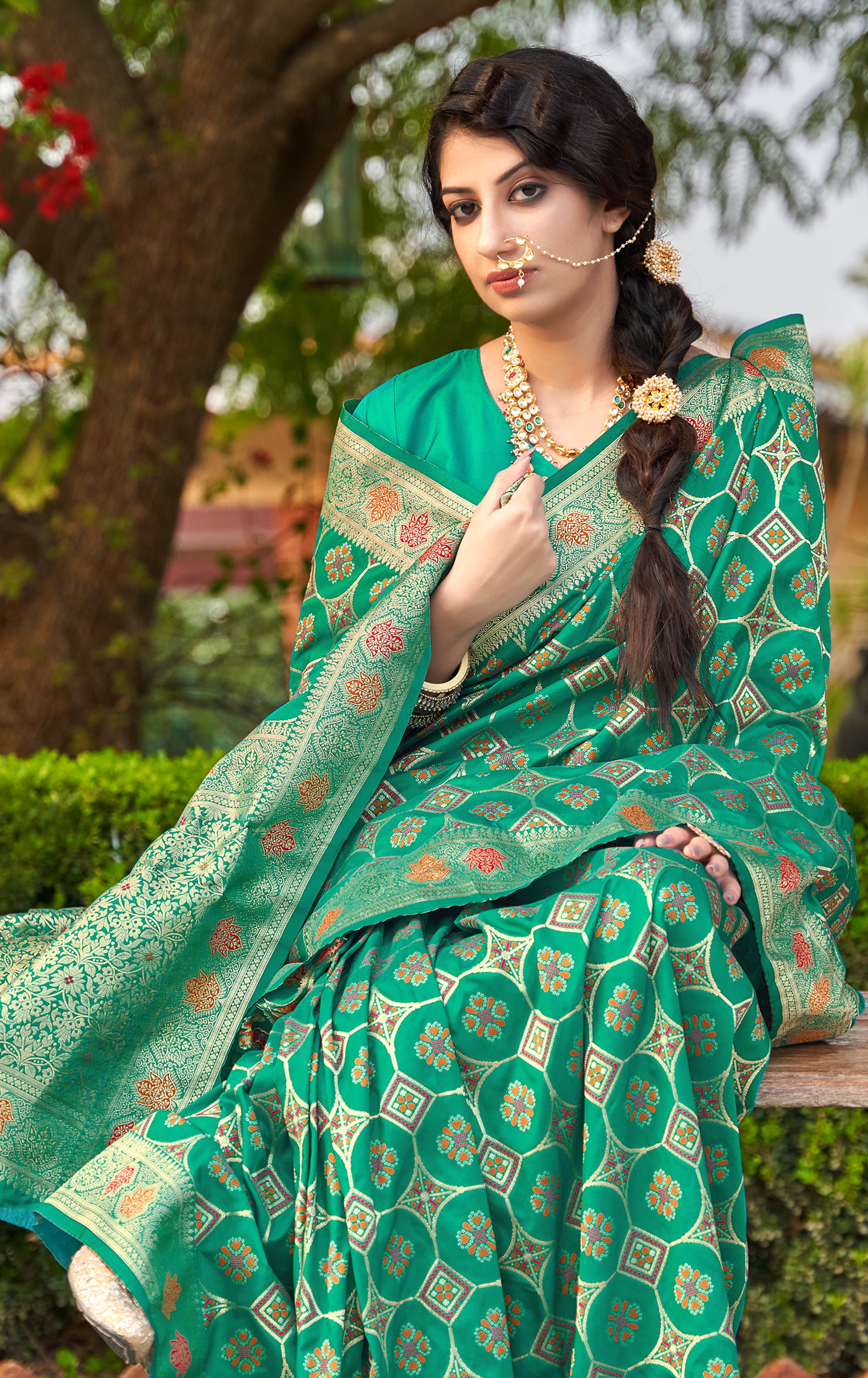Women's Turquoise Weaving Banarasi Silk Designer Traditional Saree - Monjolika