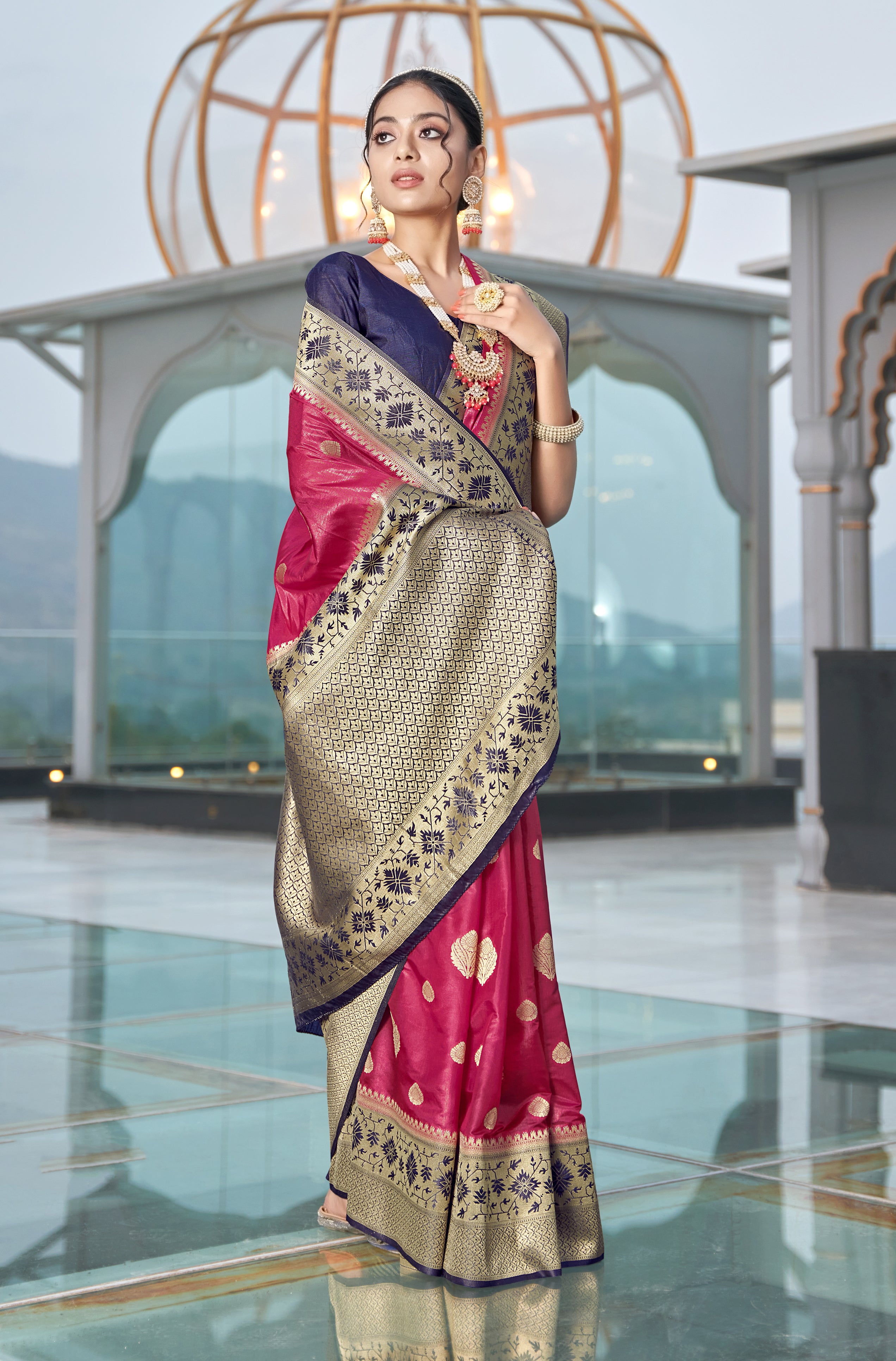 Women's Magenta Colour Organza Silk Designer Traditional Saree - Monjolika