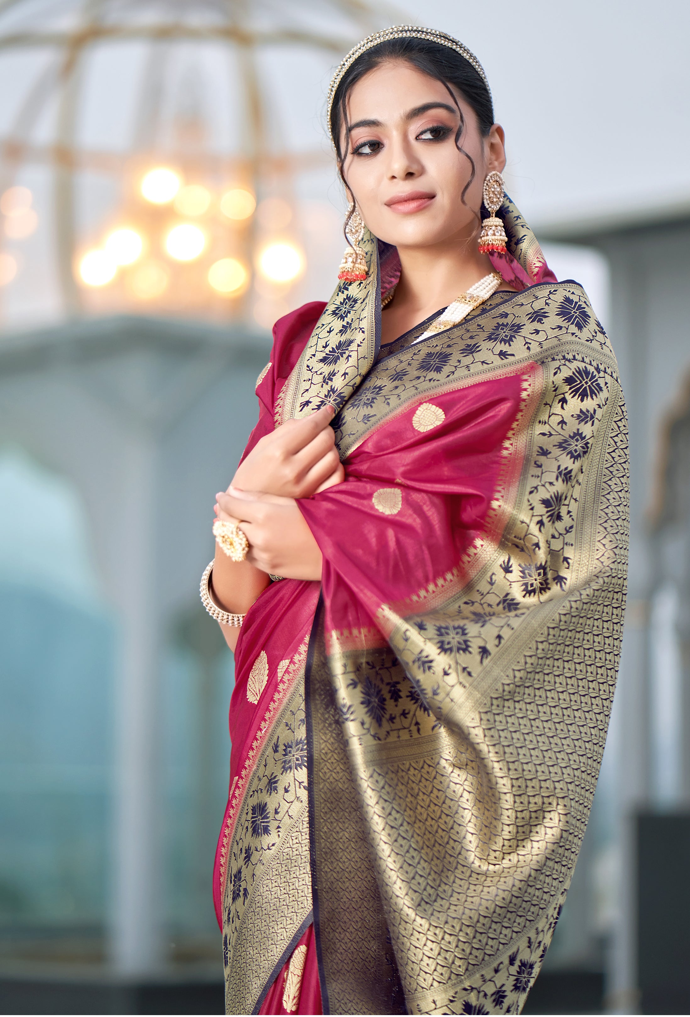 Women's Magenta Colour Organza Silk Designer Traditional Saree - Monjolika