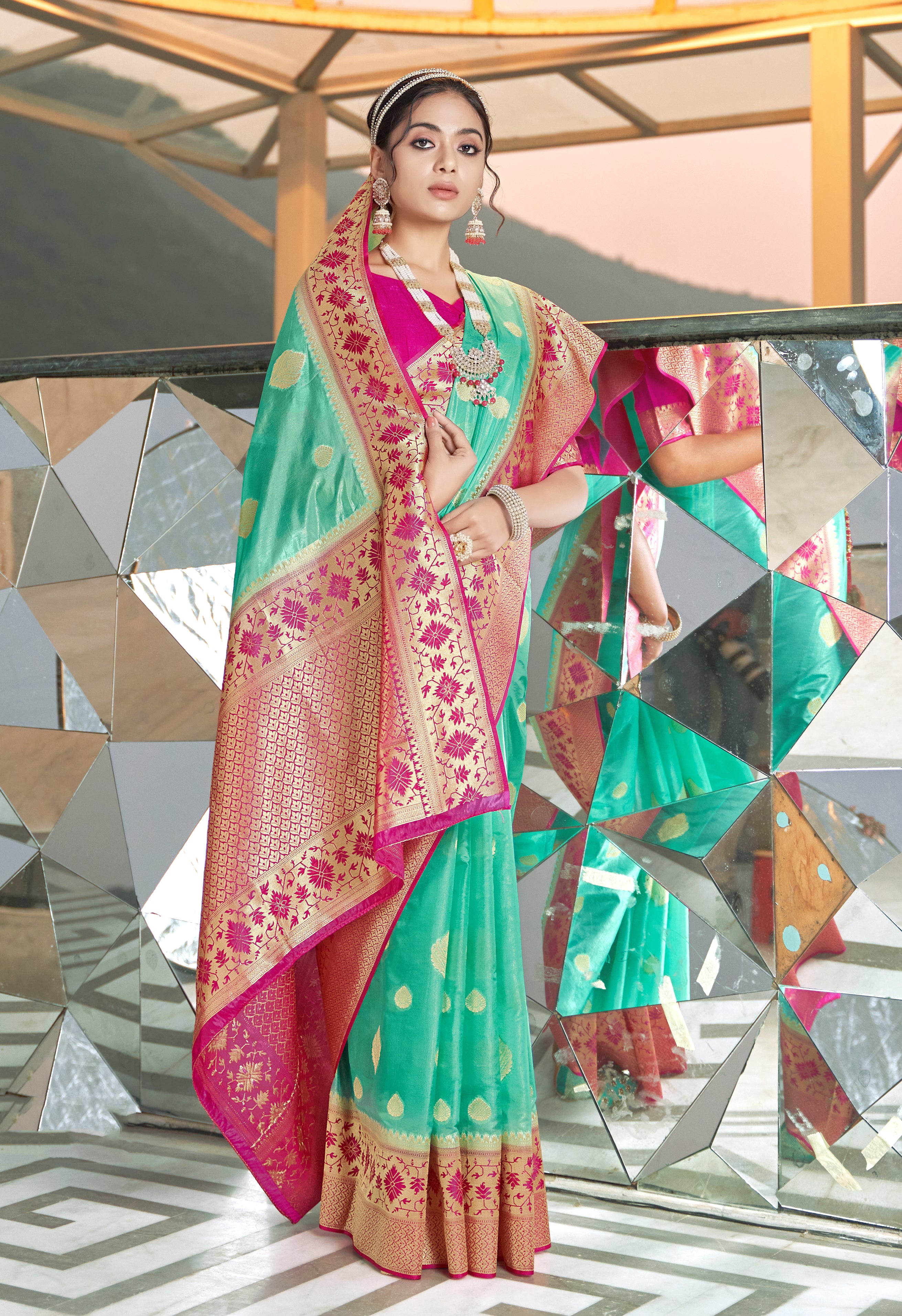 Women's Sea Green Colour Organza Silk Designer Traditional Saree - Monjolika