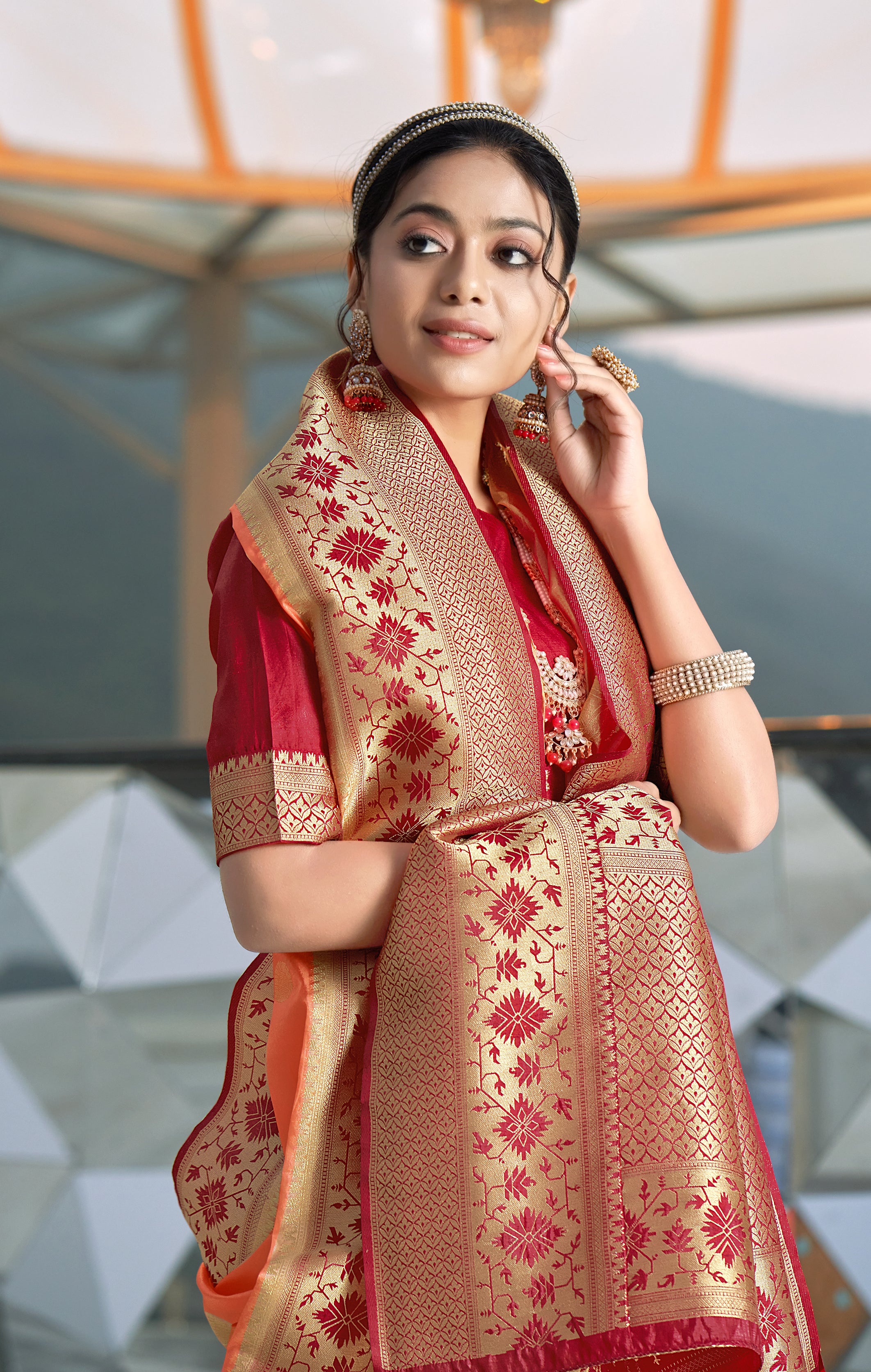 Women's Peach Colour Organza Silk Designer Traditional Saree - Monjolika