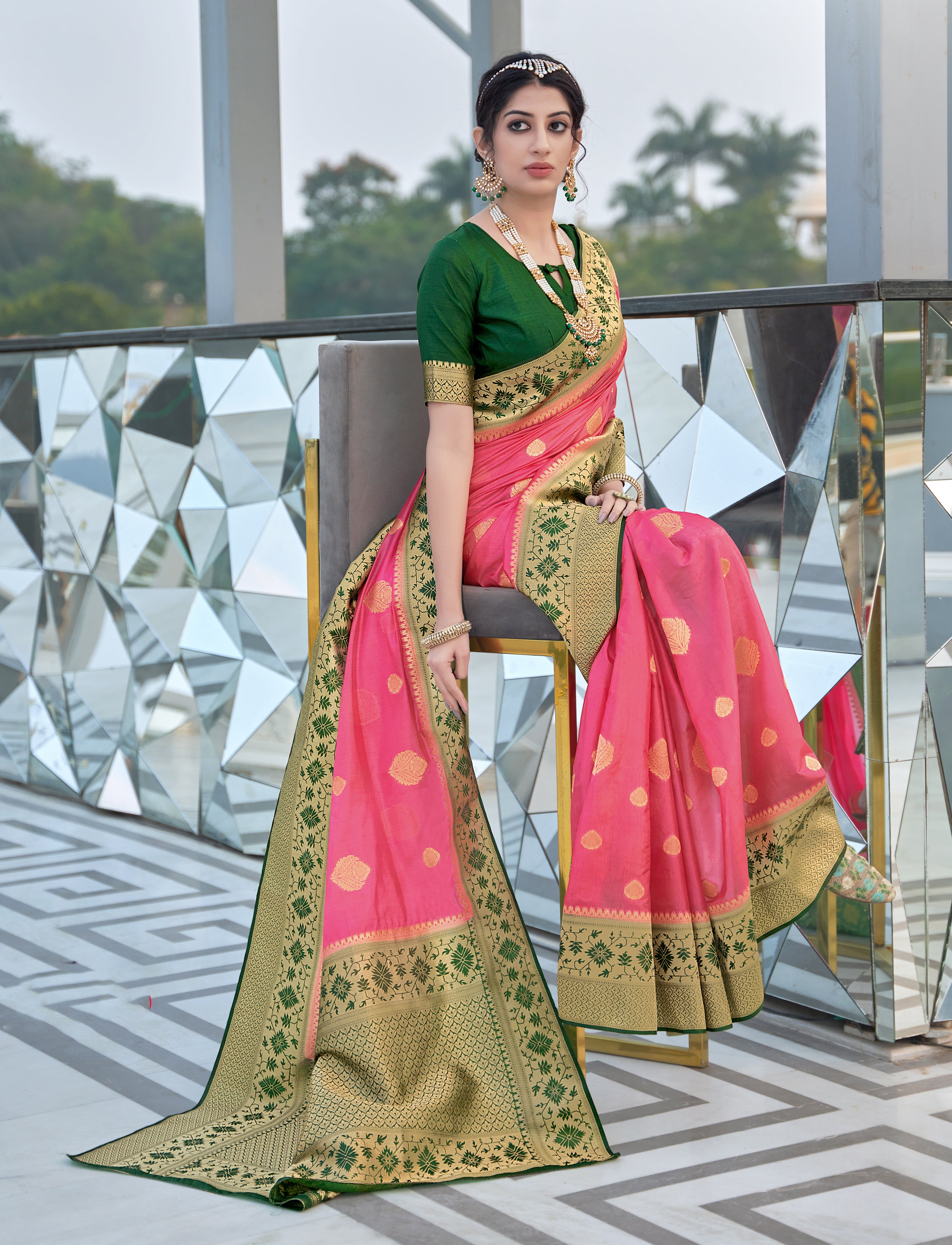 Women's Pink Colour Organza Silk Designer Traditional Saree - Monjolika
